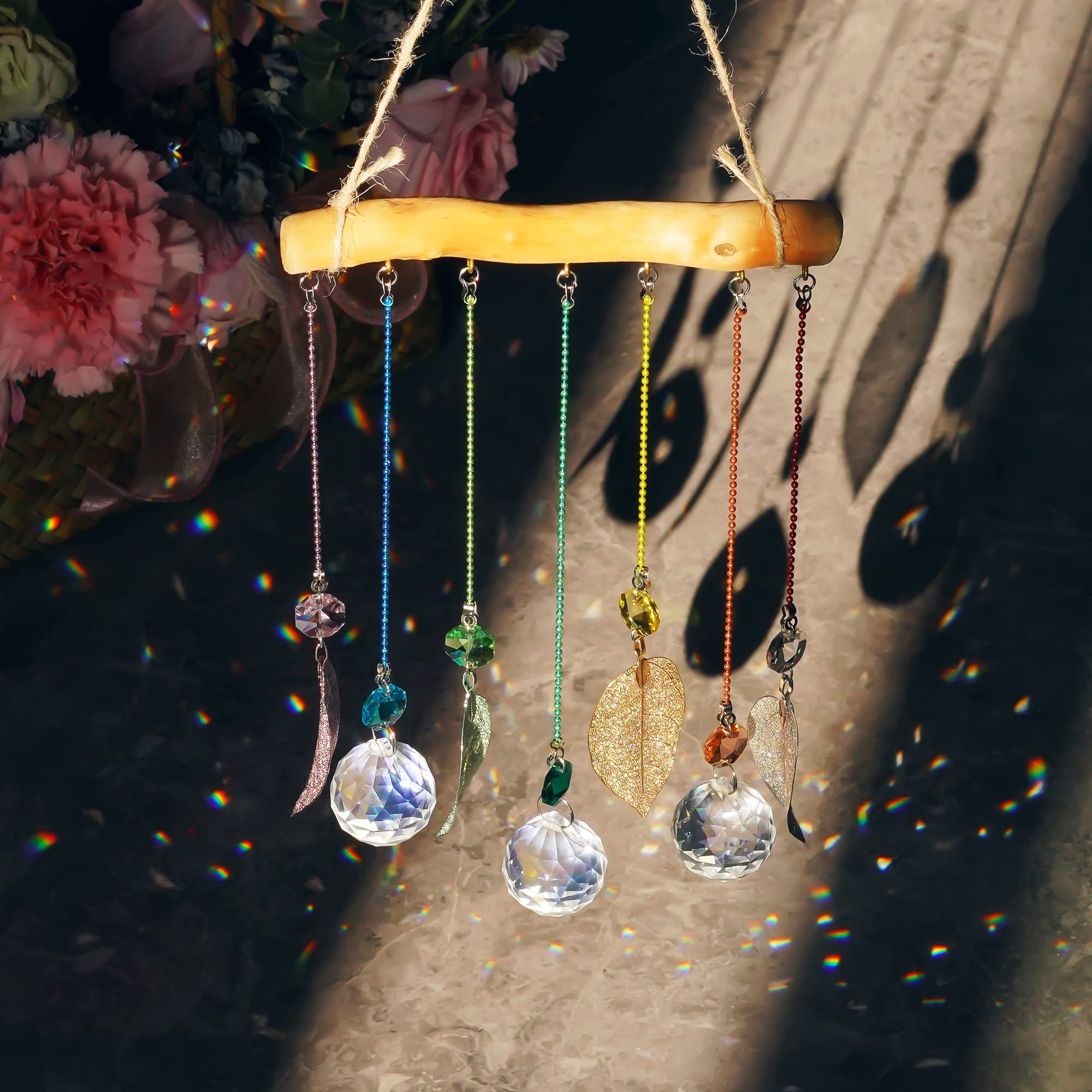 H&D HYALINE & DORA Crystal Suncatchers for Windows - Wooden Pendant with Leaf Decor, Glass Ball Prisms Rainbow Maker Ornament - Perfect for Home, Garden, and Office Decoration