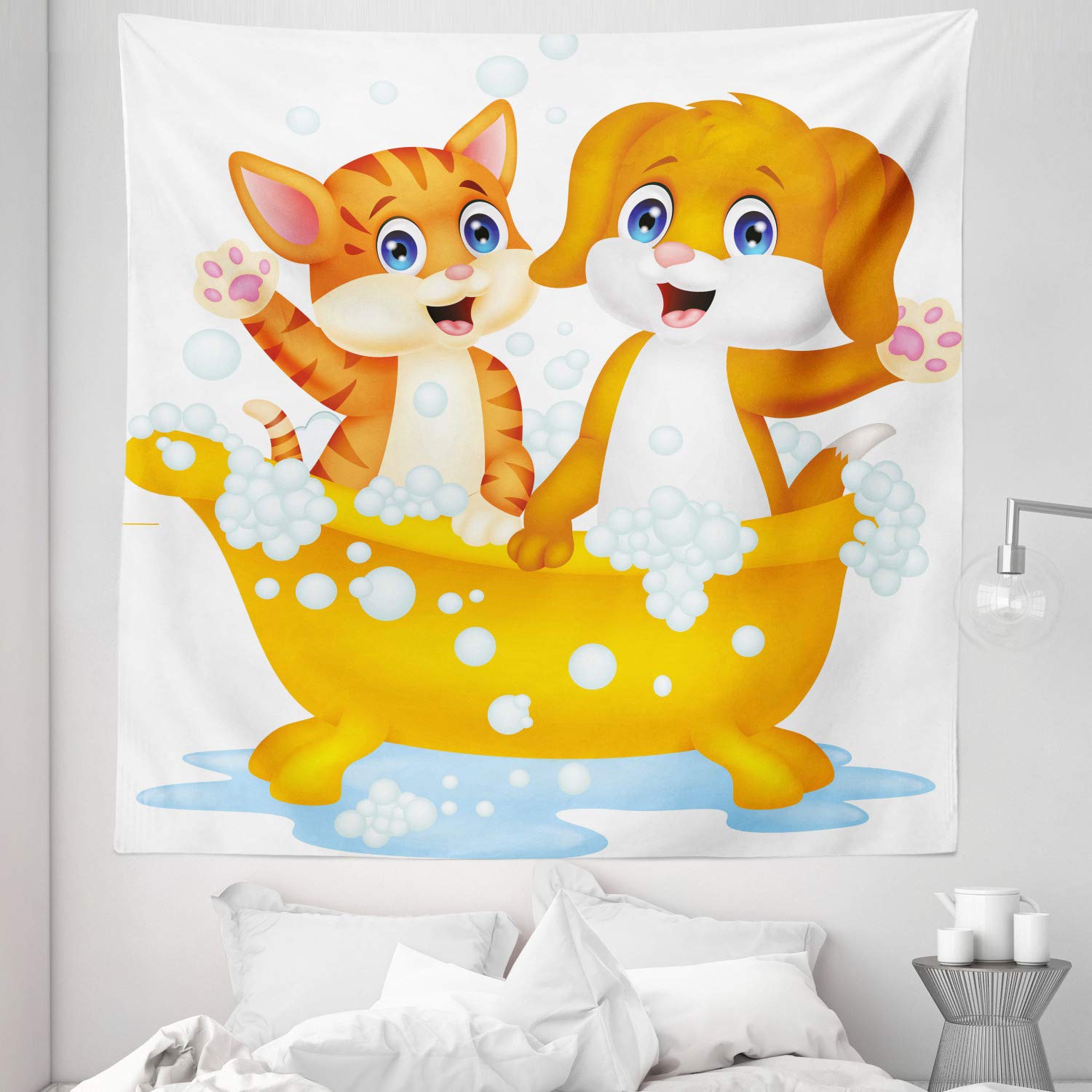Ambesonne Queen Size Animal Tapestry - Cartoon Cat & Dog in Bathtub with Bubbles Wall Hanging, 88x88 Inch Yellow Brown Blue Bedspread for Bedroom Decor | Perfect for Nursery, Dorm Room or Bohemian Home Decor