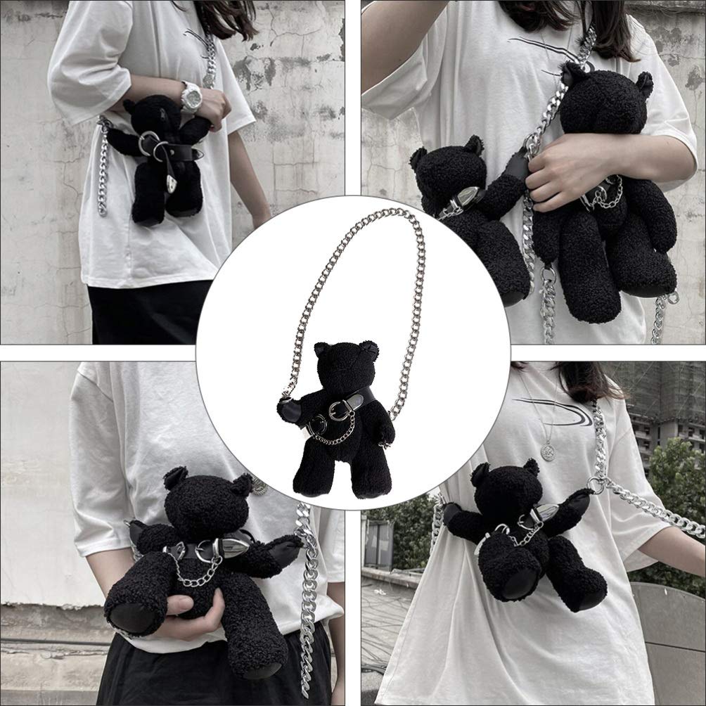 Stylish Black Crossbody Bag with Chain Strap - Cute Teddy Bear Animal Purse for Women & Girls | Gothic Fashion Accessory for Casual Outings, Parties & Daily Use