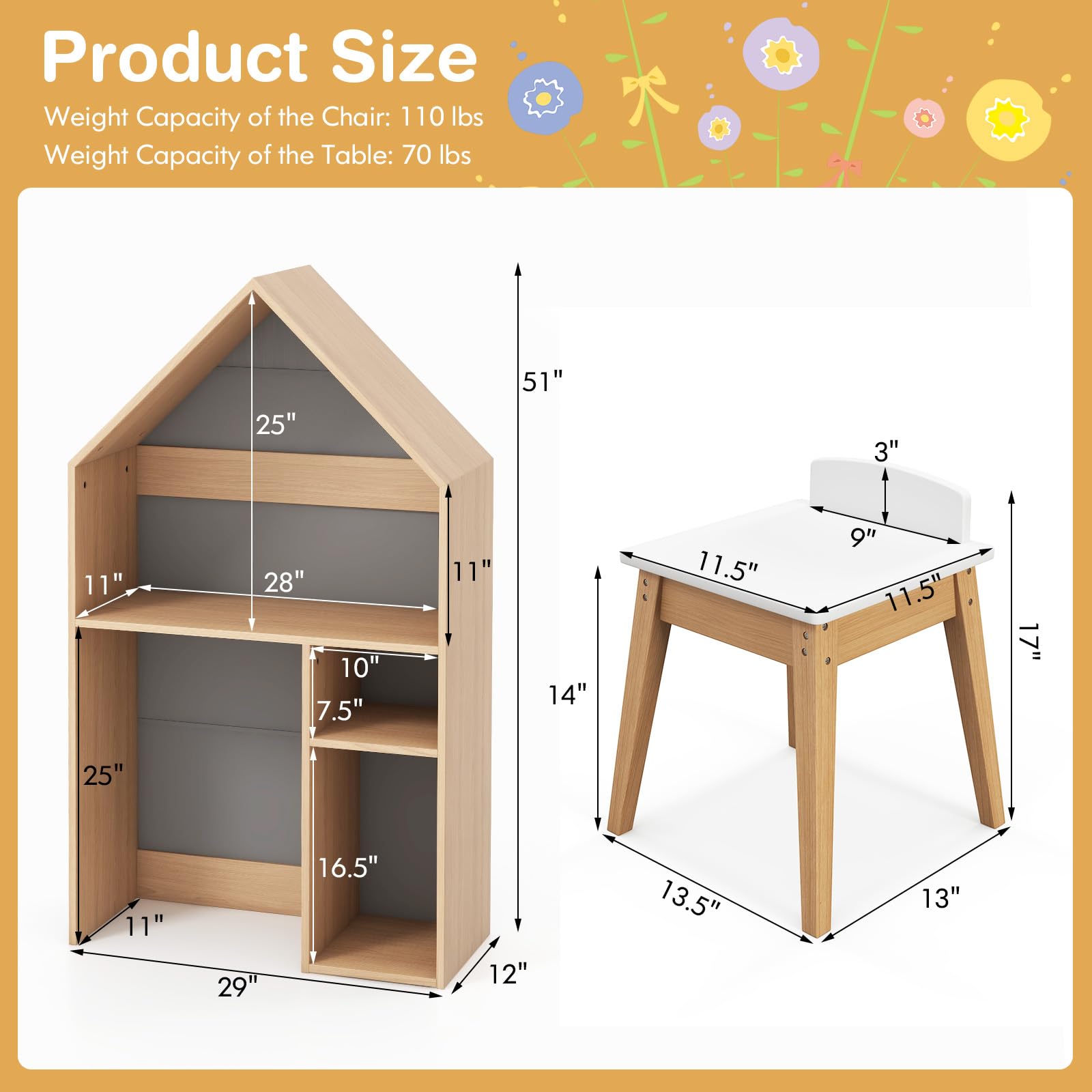 Costzon Kids Table and Chair Set - 2-in-1 House-Shaped Wooden Desk with Blackboard & Storage | Toddler Learning Furniture for Drawing, Reading & Play | Perfect Gift for Boys & Girls (Grey) | Ideal for Preschool, Homeschool & Playroom