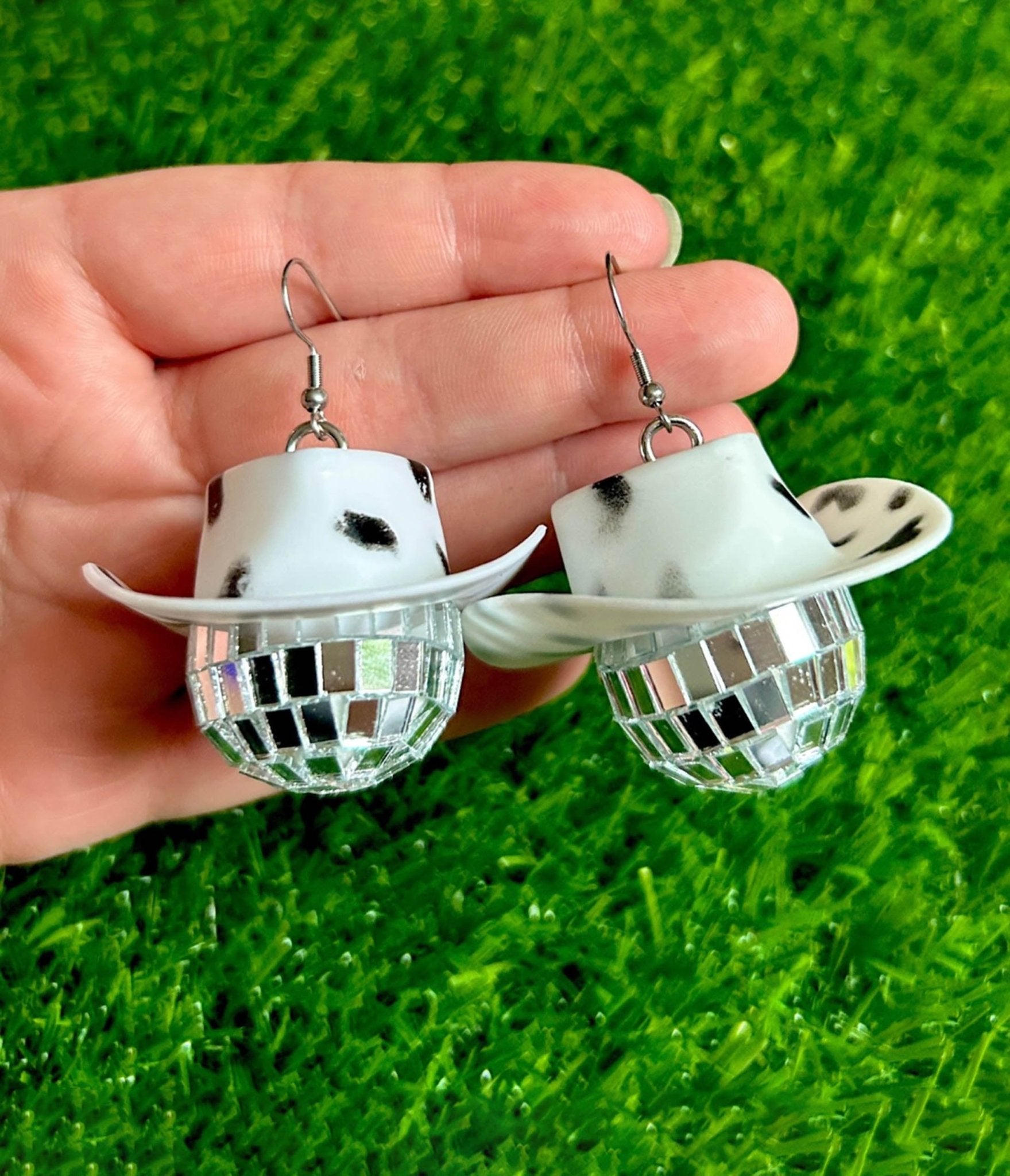 Cow Print Cowboy Hat Disco Ball Earrings - Western Style Fashion Accessories for Women | Perfect for Music Festivals, Cowgirl Parties & Night Out Clubbing