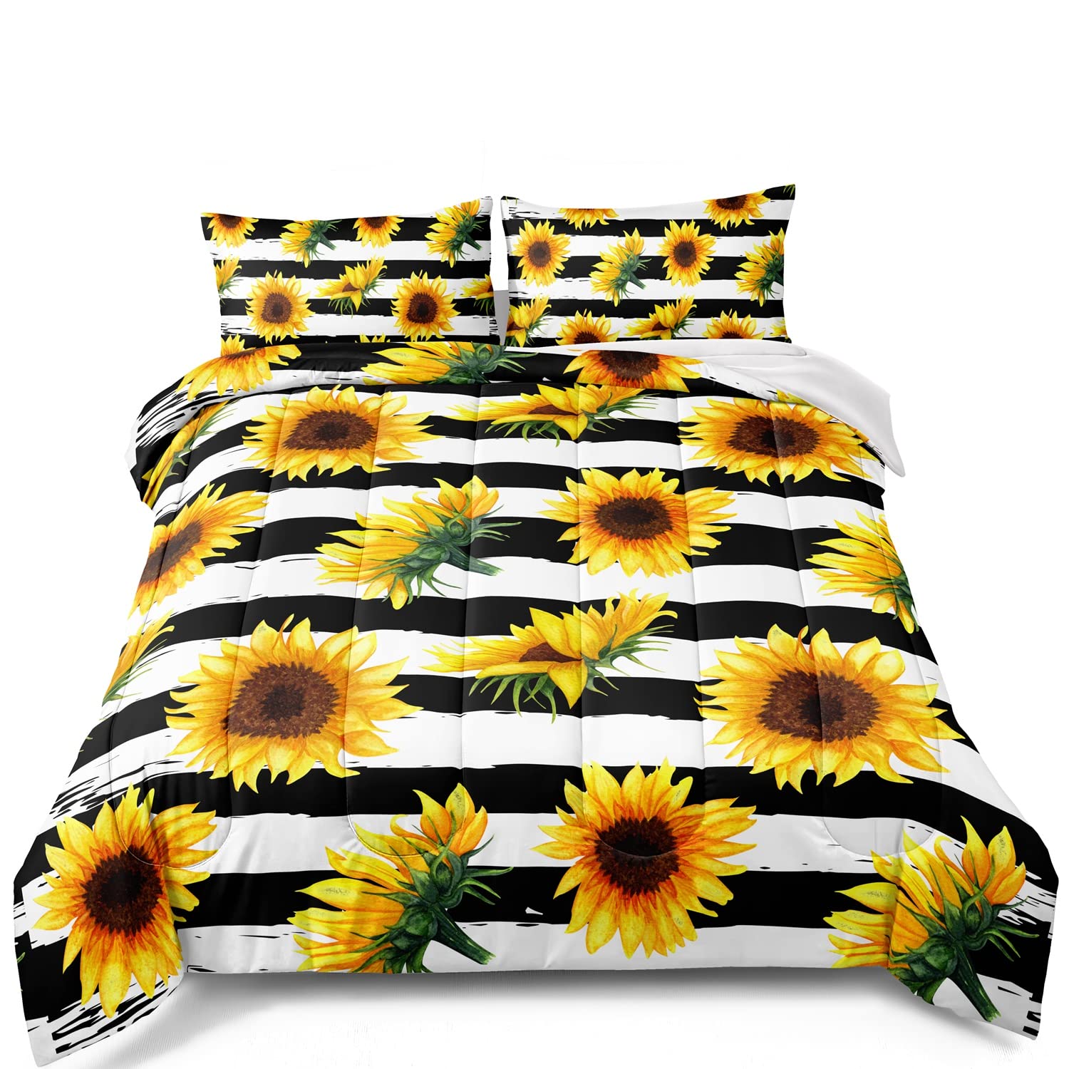 BDUCOK Sunflower Comforter Set - Yellow Floral Bedding with Black & White Stripes | Botanical Decor for Kids, Teens & Girls Rooms | Twin Size Comfy Bedspread for Cozy Bedrooms & Dorm Decor