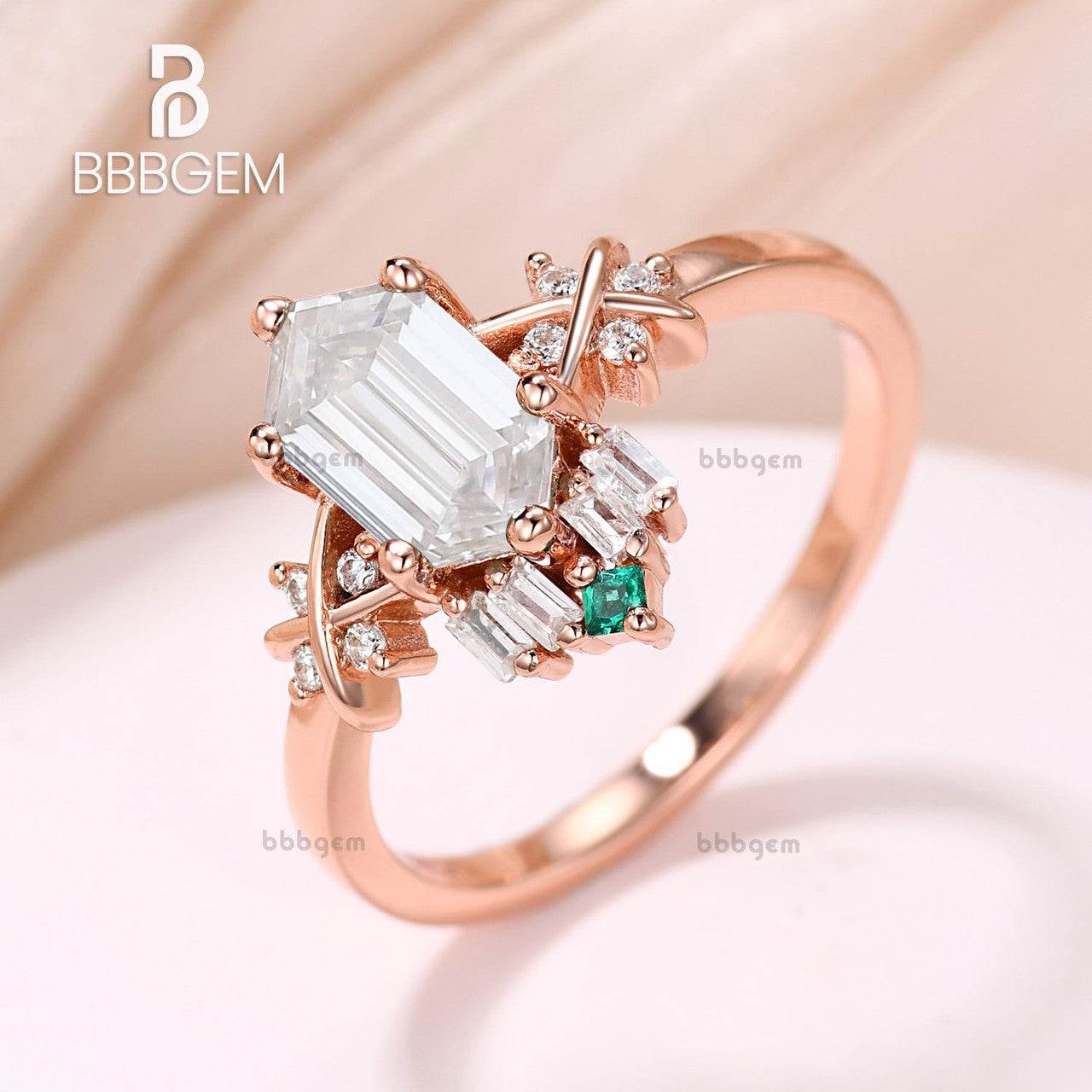 Hexagon Cut Moissanite & Emerald Engagement Ring Set in Rose Gold - Vintage Cluster Wedding Band for Women, Perfect for Proposals, Anniversaries & Bridal Jewelry
