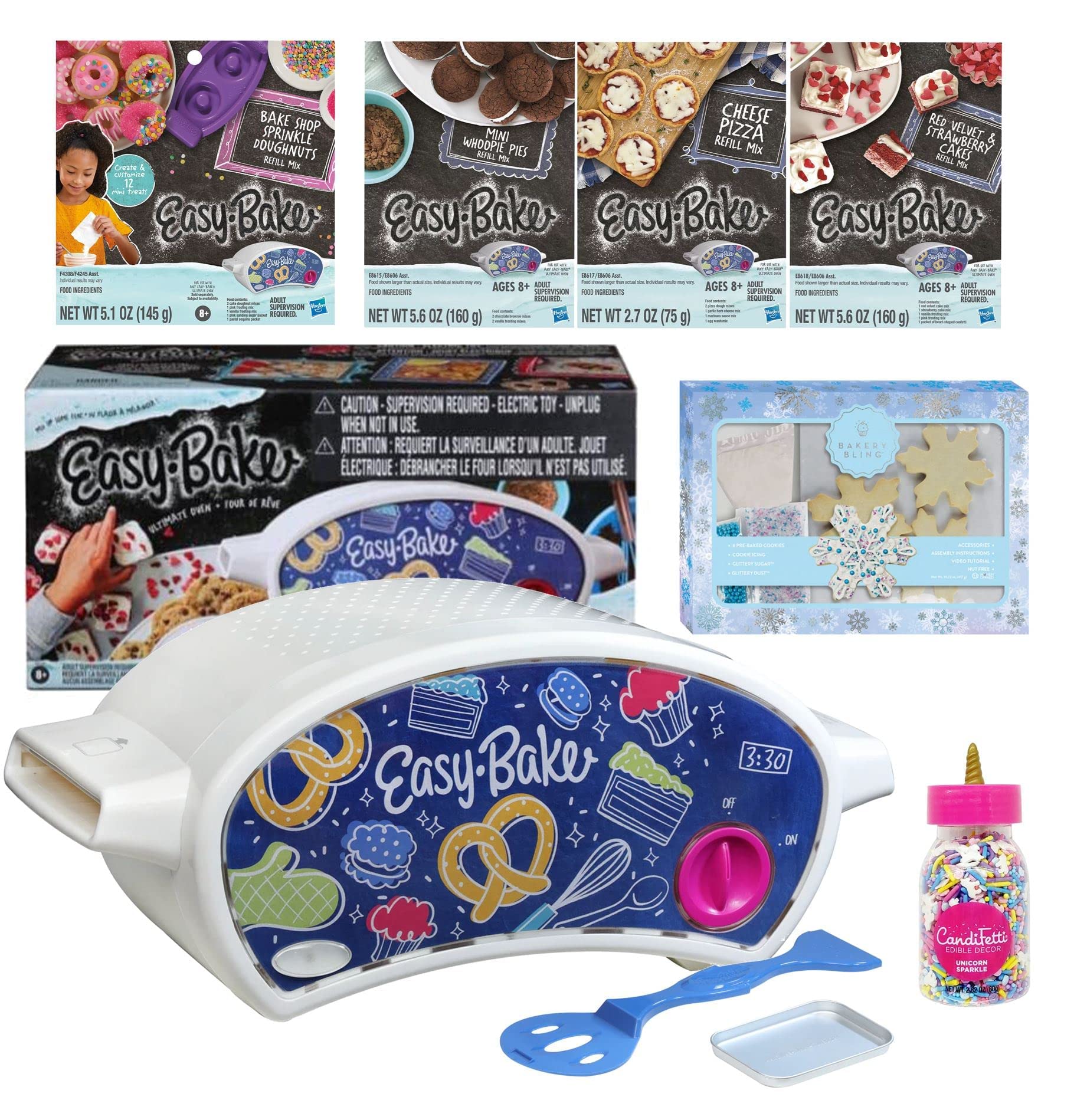 Easy Bake Oven Gift Set with 4 Baking Mixes & Accessories - Red Velvet Cupcakes, Donut, Pizza, Whoopie Pies - Includes Unicorn Sprinkles & Designer Kit - Perfect for Kids Baking, Birthday Gifts & Pretend Play