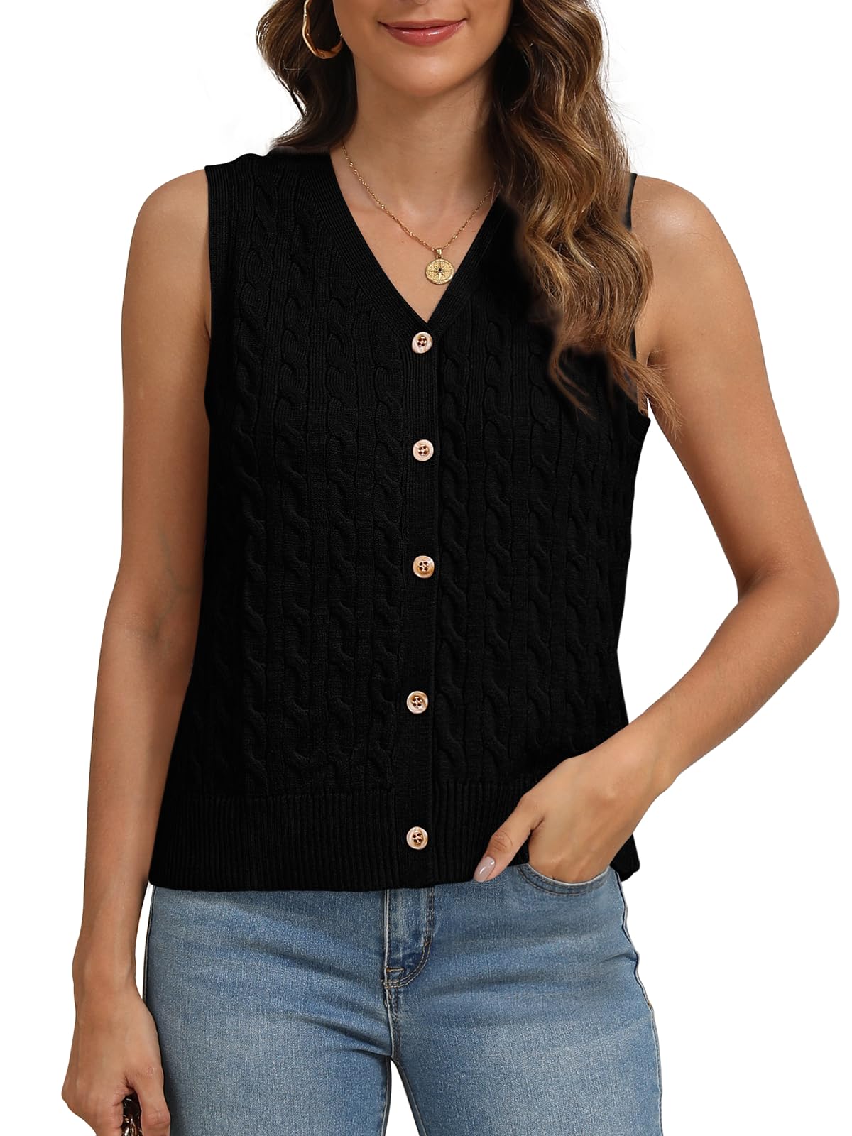 WIHOLL Women's Cable Knit Sweater Vest - Cropped Sleeveless Cardigan with Buttons | Fall & Winter Fashion 2024 | Perfect for Layering, Office Wear & Casual Outfits