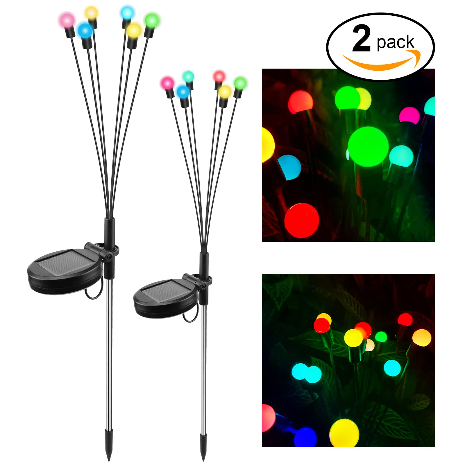 Solar Powered Firefly Lights - 2 Pack Outdoor Waterproof 6-Head Solar Garden Lights with Wind Swaying Effect | Decorative String Lights for Patio, Pathway, Yard & Garden (Multicolor) | Perfect for Landscape Lighting, Backyard Decor & Evening Ambiance