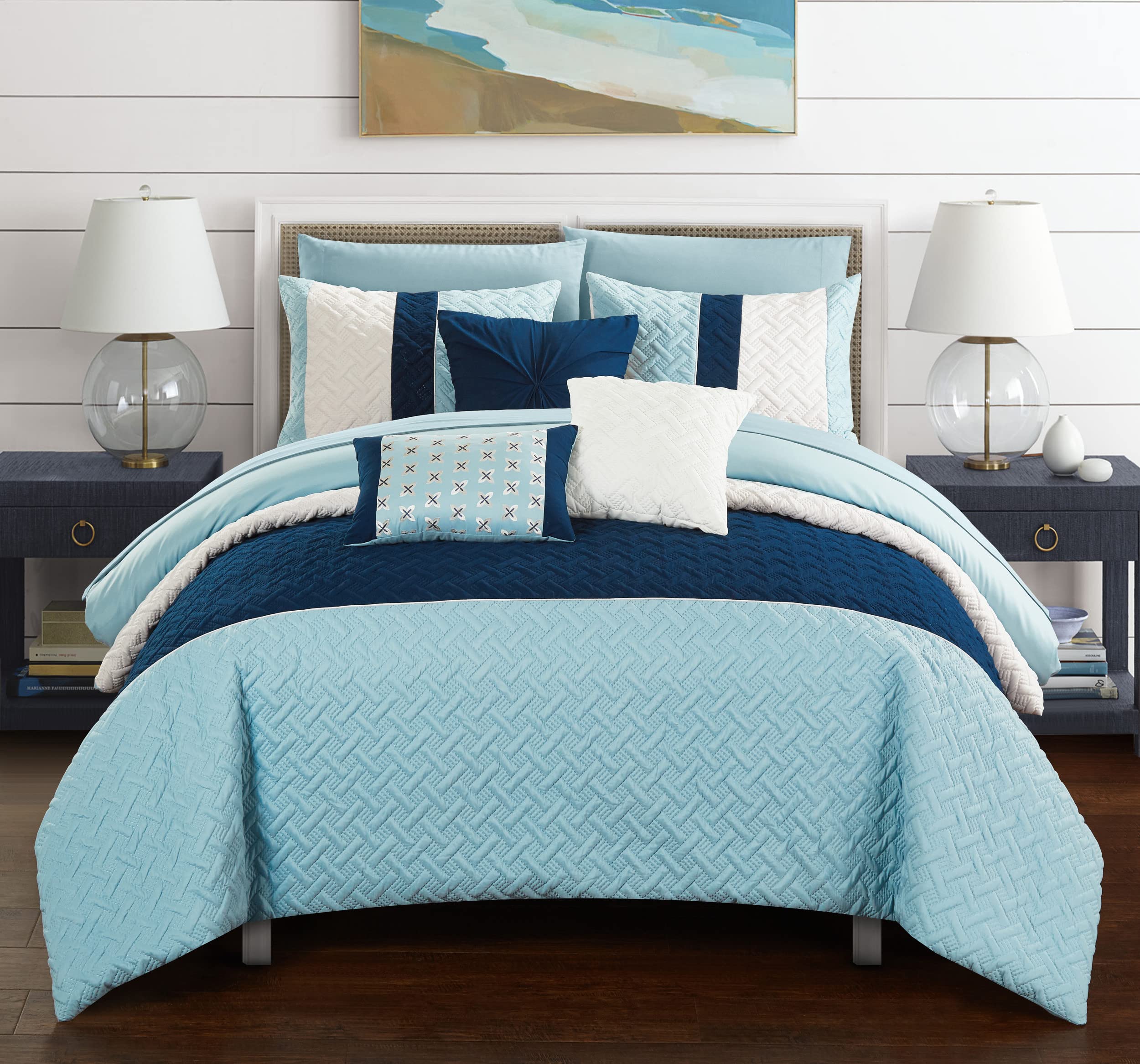 Chic Home Osnat 8-Piece Comforter Set - Color Block Quilted Embroidered Bedding with Sheets & Decorative Pillows, Twin Size Blue - Perfect for Modern Bedrooms & Guest Room Decor