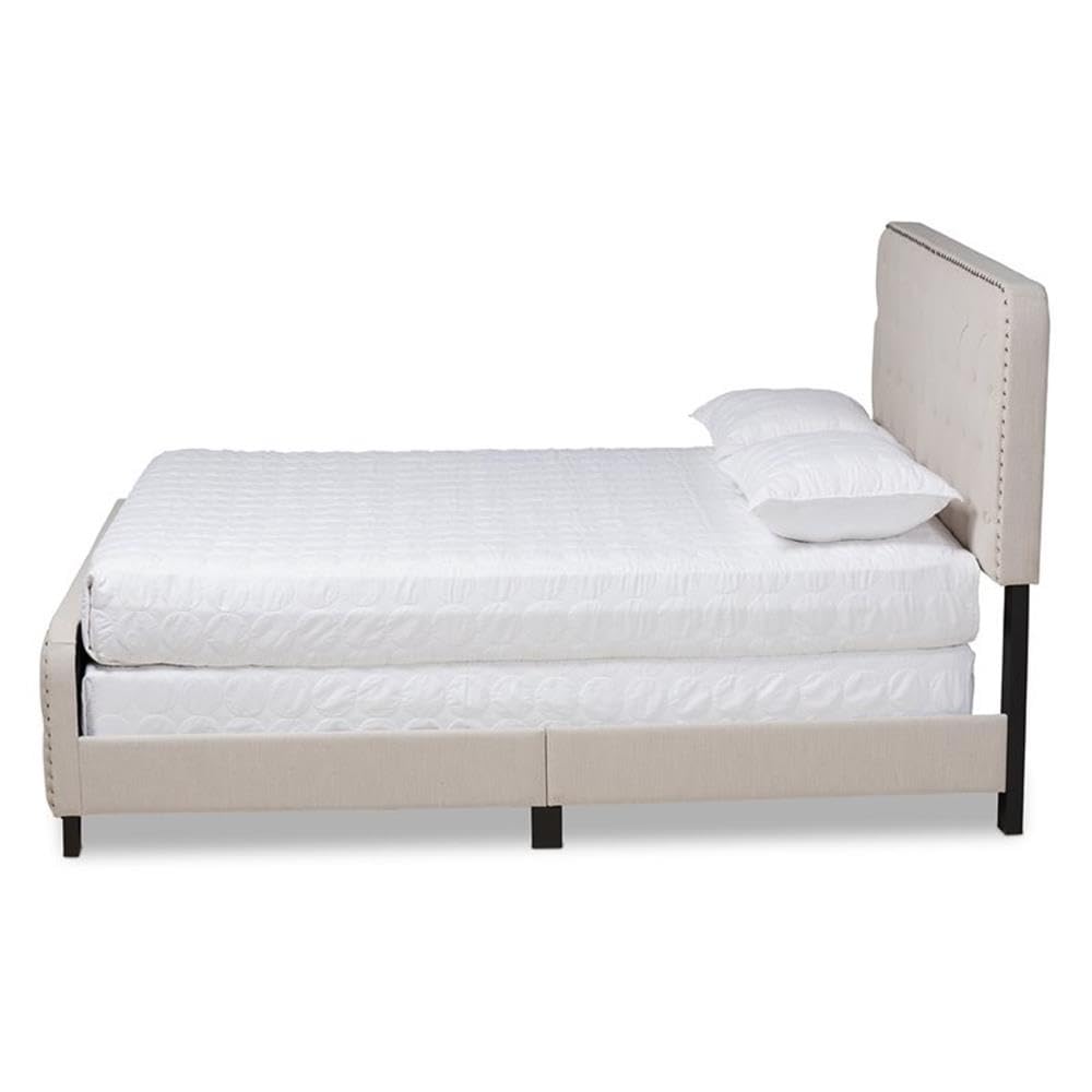 BOWERY HILL Full Size Beige Upholstered Button Tufted Panel Bed Frame - Queen Size Upholstered Platform Bed with Tufted Headboard for Modern Bedroom Decor