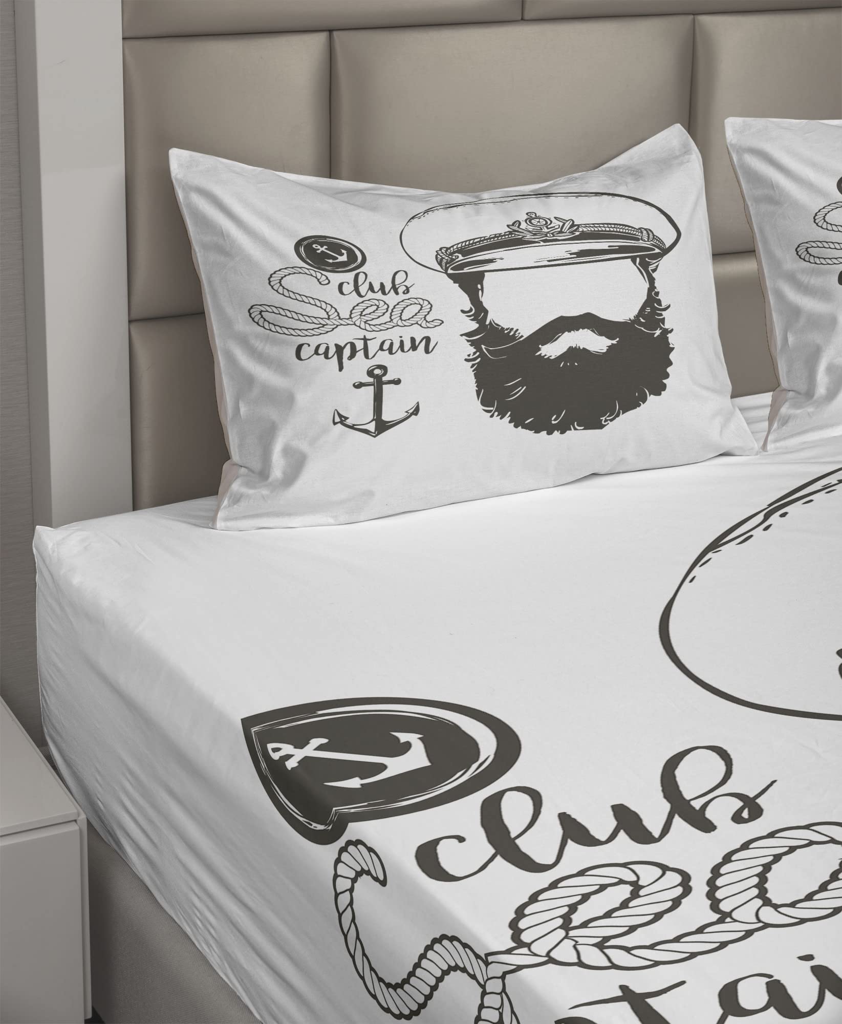 Ambesonne Anchor Sheet Set - 4 Piece King Size Bedding with Faceless Captain & Beard Seaman Illustration | Brown & White Nautical Themed Fitted Sheet, Flat Sheet & Pillowcases | Perfect for Coastal Decor, Beach House Bedrooms & Maritime Enthusiasts