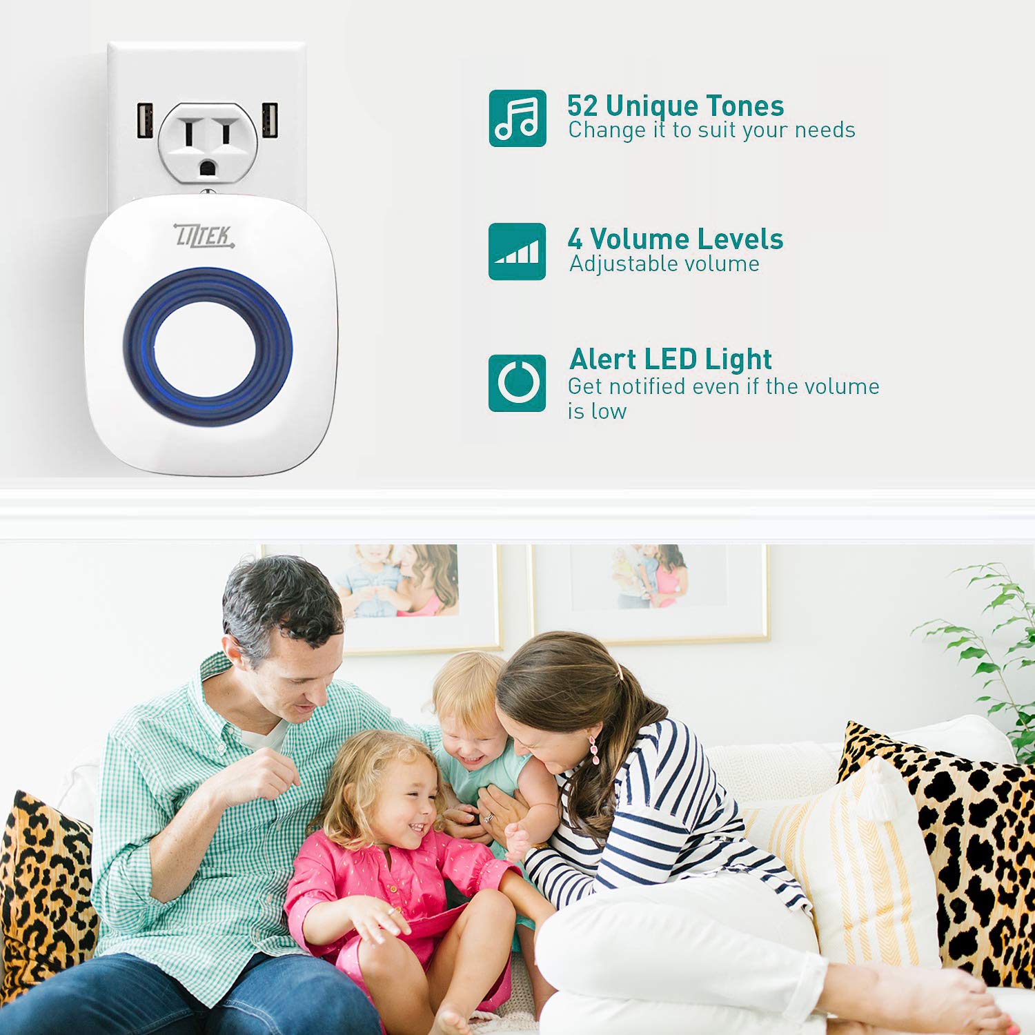 Wireless Doorbell with Remote Button & 2 Plug-in Receivers - 1000ft Range, 52 Chime Tones, No Receiver Batteries Needed - Perfect for Homes, Offices & Apartments