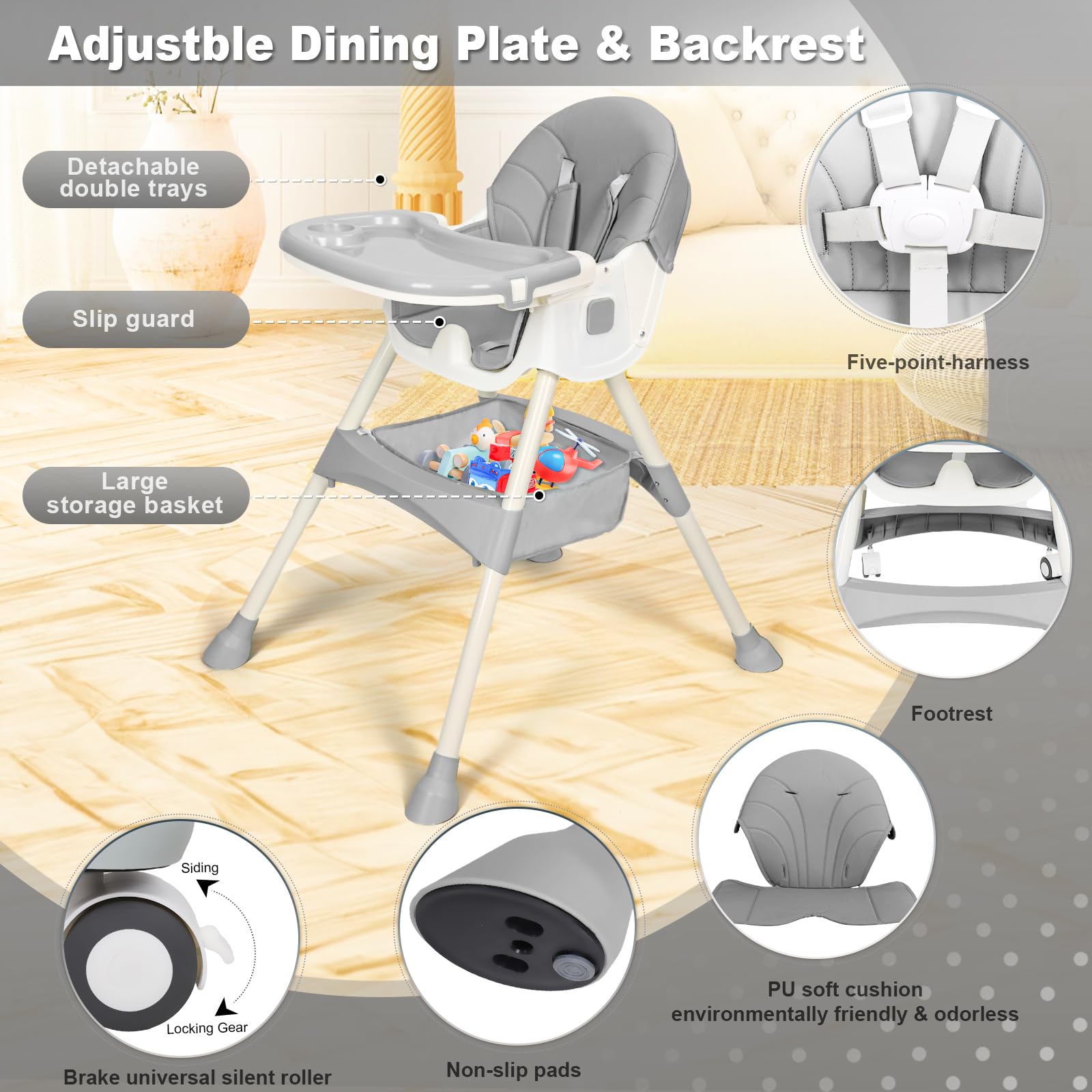 4-in-1 Convertible Baby High Chair with Adjustable Height & Reclining Backrest - Removable Tray & Foldable Design for Infants & Toddlers - Perfect for Dining, Feeding & Playtime at Home or Travel