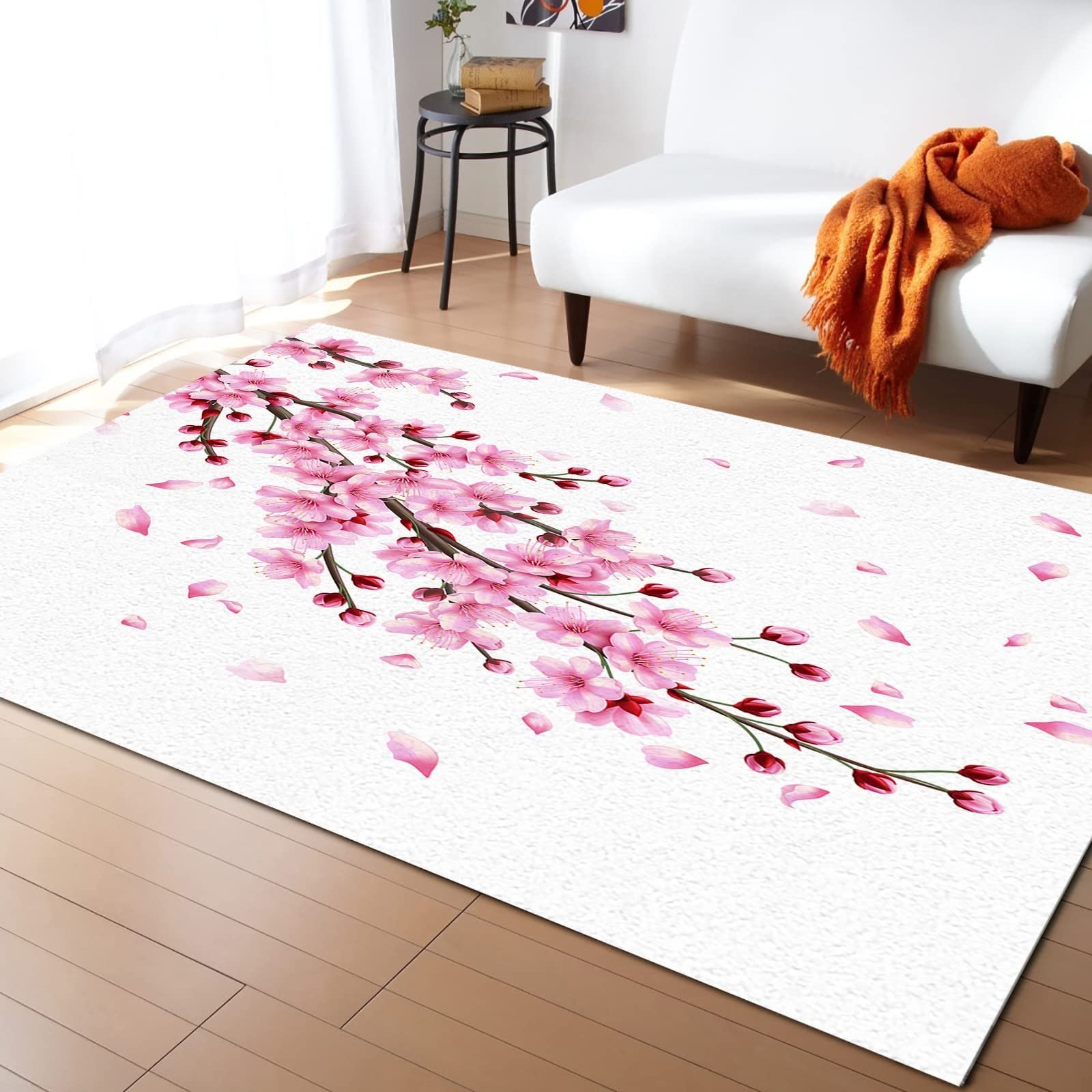 5' x 6' Pink White Cherry Blossom Area Rug - Soft Washable Nursery Carpet for Boys & Girls, Living Room Decor | Perfect for Kids' Bedroom, Playroom & Spring Home Decor