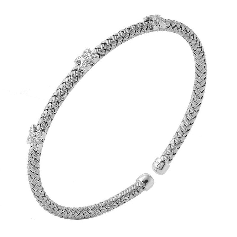 CZ Rhodium Plated Silver 4mm Mesh Cuff Bangle Bracelet for Women - Elegant Stackable Jewelry for Parties, Weddings & Everyday Wear