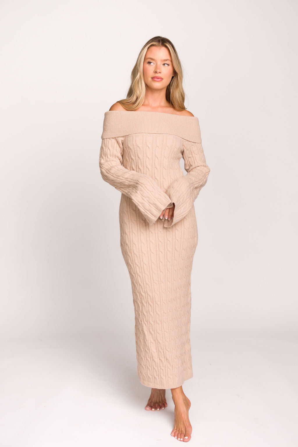Carley Off the Shoulder Cable Knit Maxi Dress in Oatmeal - Elegant Boho Chic Long Dress for Women, Perfect for Beach Vacations, Date Nights & Summer Weddings
