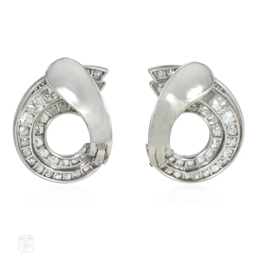 Art Deco Platinum and Diamond Scroll Earrings - Vintage Inspired Jewelry for Weddings, Parties & Special Occasions