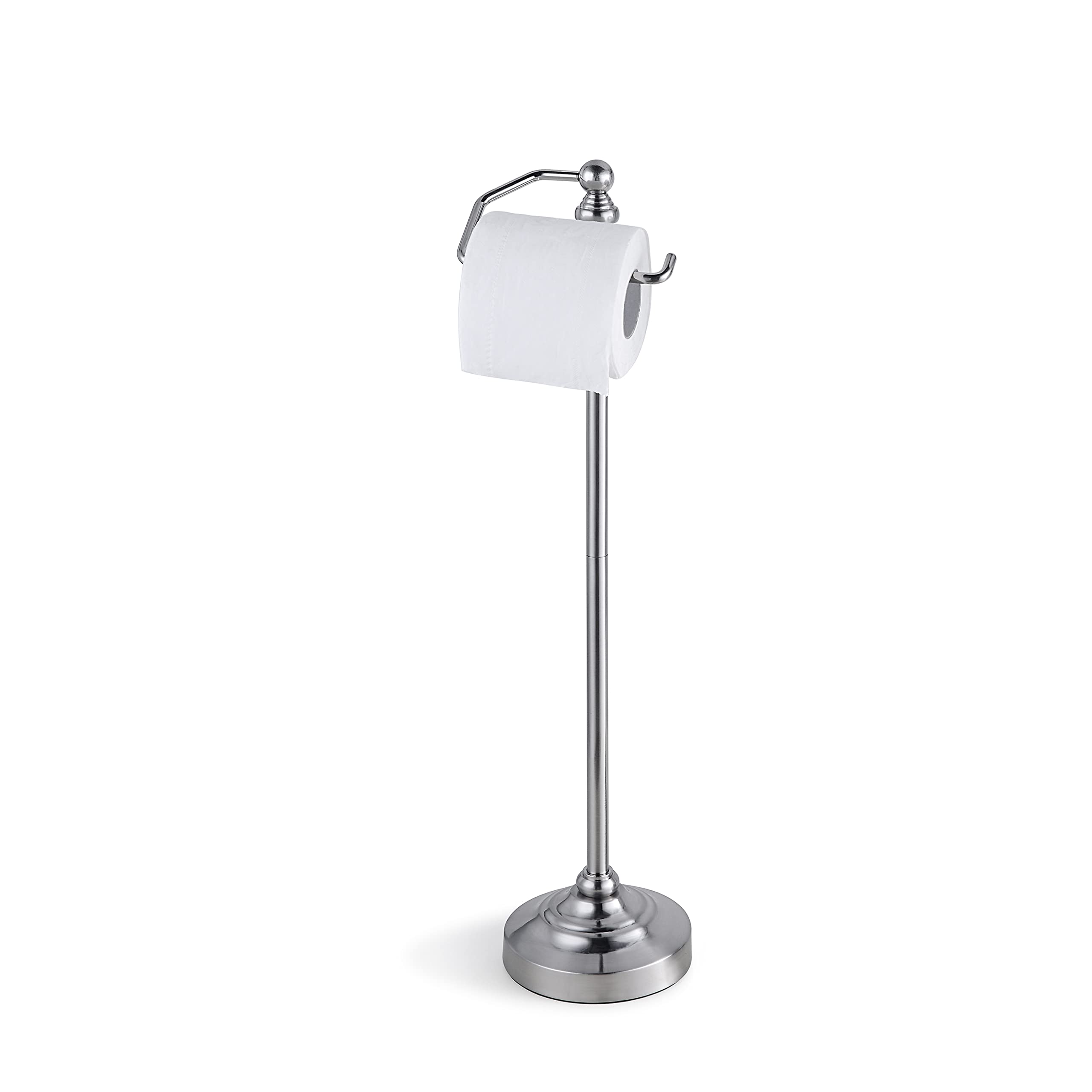 SunnyPoint Deluxe Free Standing Heavy Weighted Toilet Paper Holder Stand - Brushed Nickel Finish - Sturdy Bathroom Tissue Roll Dispenser for Home, Office, and Guest Restrooms
