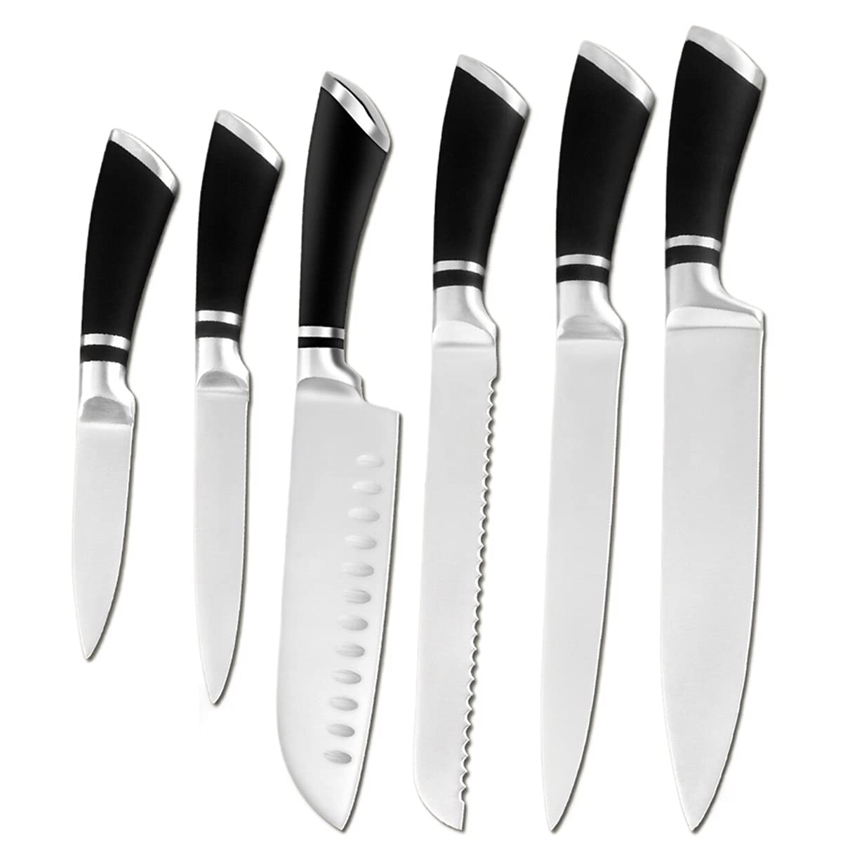 6-Piece Stainless Steel Kitchen Knife Set - Chef, Paring, Utility, Santoku, Slicing & Bread Knives for Cooking, Food Prep & Home Use - BY ZZYY