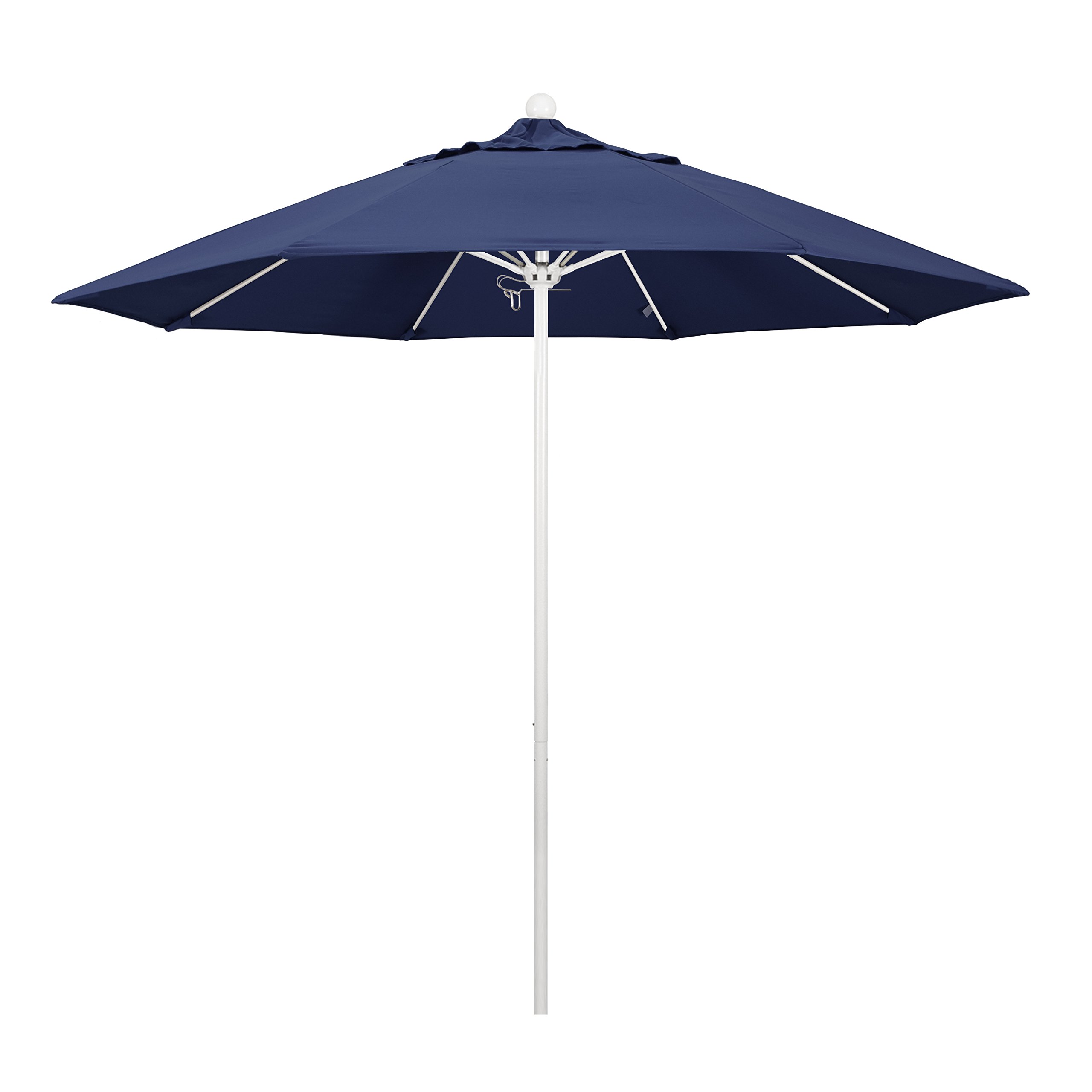 9' Round California Umbrella - Aluminum/Fiberglass Frame with Push Open Mechanism - White Pole & Navy Blue Olefin Fabric - Perfect for Patio, Poolside, and Outdoor Dining Areas