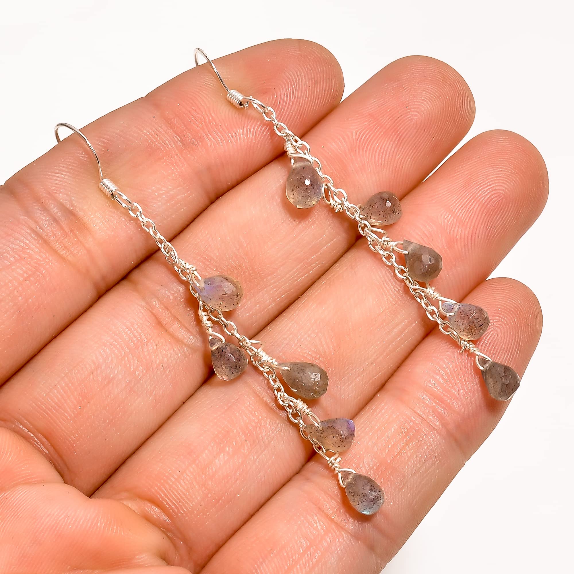 925 Sterling Silver Long Labradorite Gemstone Dangle Earrings for Women | Elegant Tear Drop Statement Jewelry for Wedding, Anniversary & Party - Adjustable Link Chain Earrings for Everyday Wear & Special Occasions