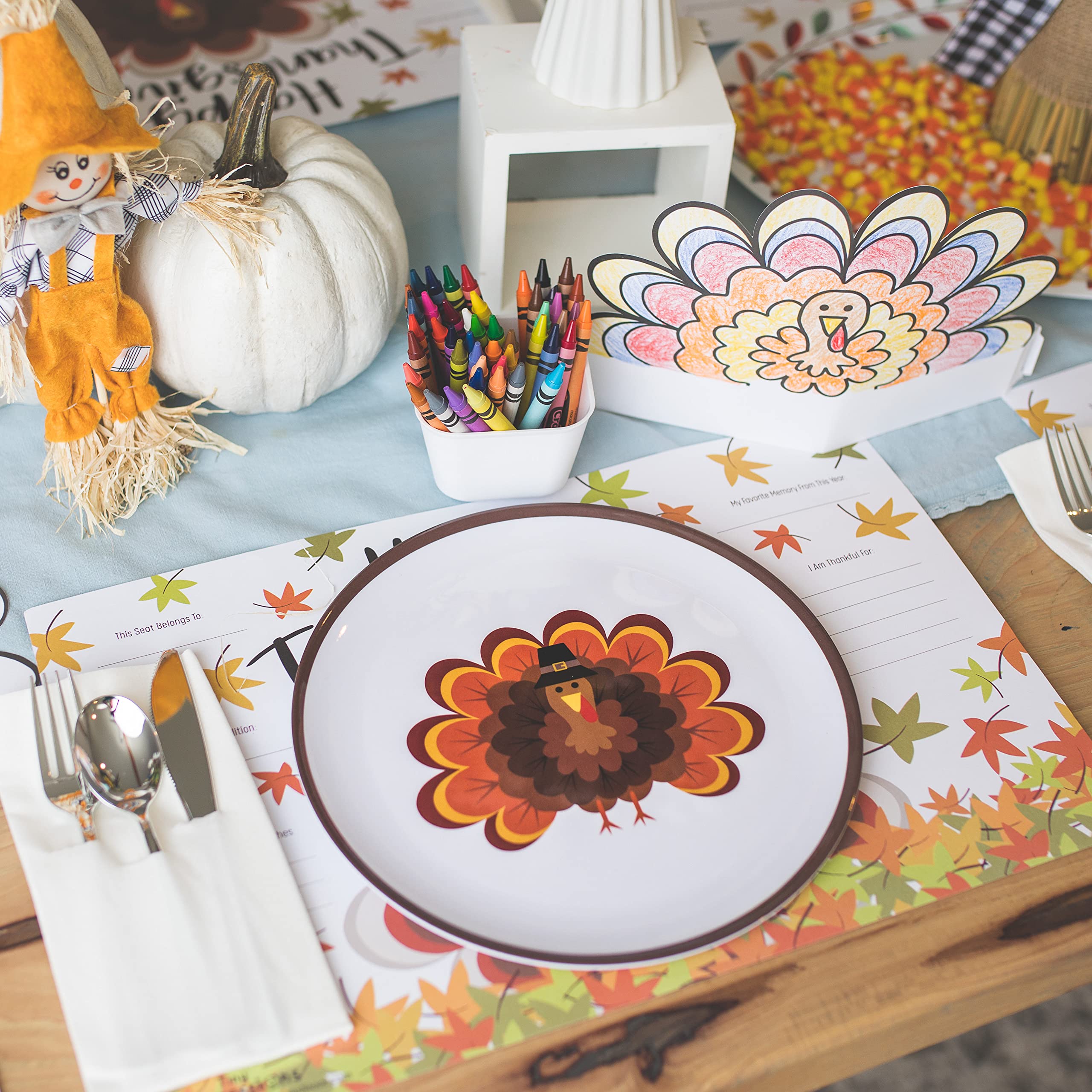 Tiny Expressions - 4 Pack Kids Thanksgiving Plates with Adorable Turkey Designs - Durable Melamine Dinnerware for Holiday Meals & Celebrations - Perfect for Family Gatherings, School Parties & Festive Dinners