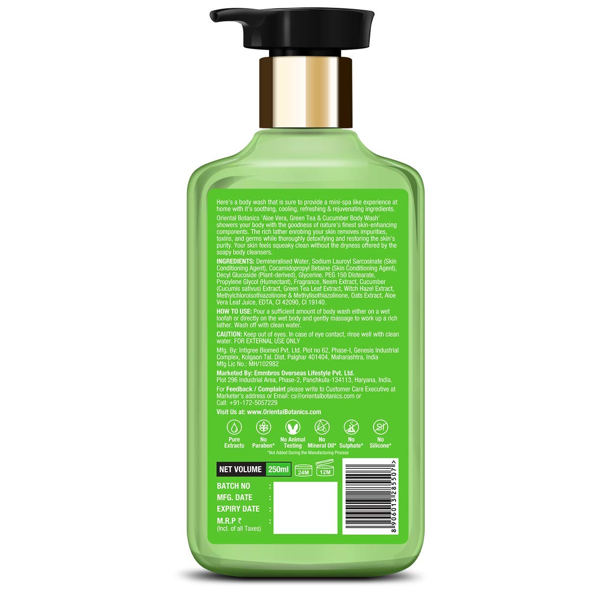 Stbotanica Aloe Vera, Green Tea & Cucumber Body Wash - 250ml | Hydrating & Refreshing Natural Body Cleanser with Aloe, Green Tea Extract | Paraben-Free, Sulfate-Free, Vegan & Cruelty-Free | Perfect for Daily Shower & Sensitive Skin Care
