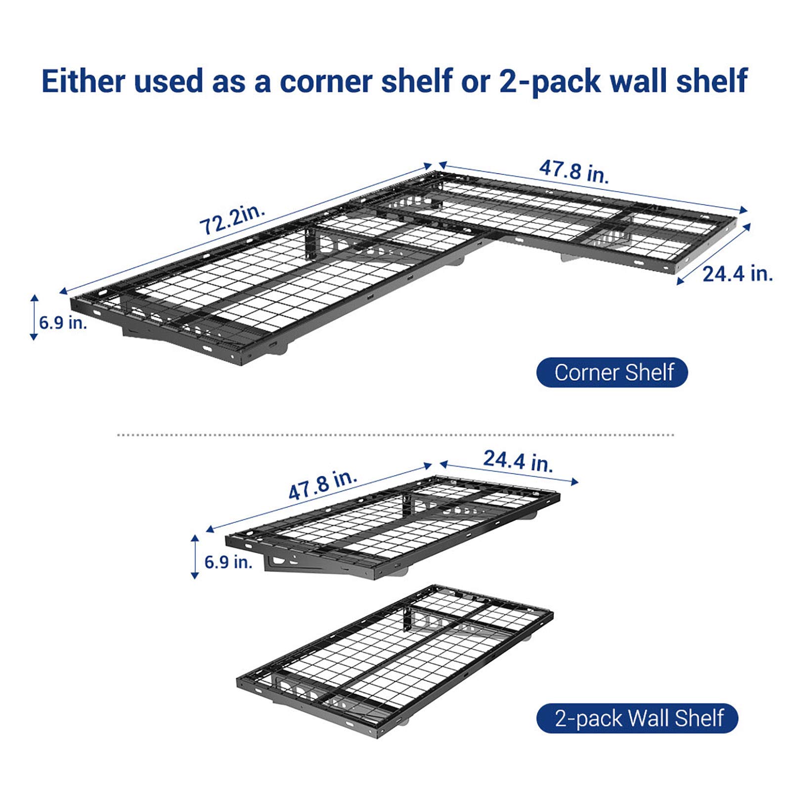 FLEXIMOUNTS 2 Pack 2x4ft Corner Wall Shelves - Heavy Duty Garage Storage Rack, 24x48 Inch Floating Shelves with 440lbs Total Weight Capacity, Black - Perfect for Garage, Basement, Workshop & Home Organization