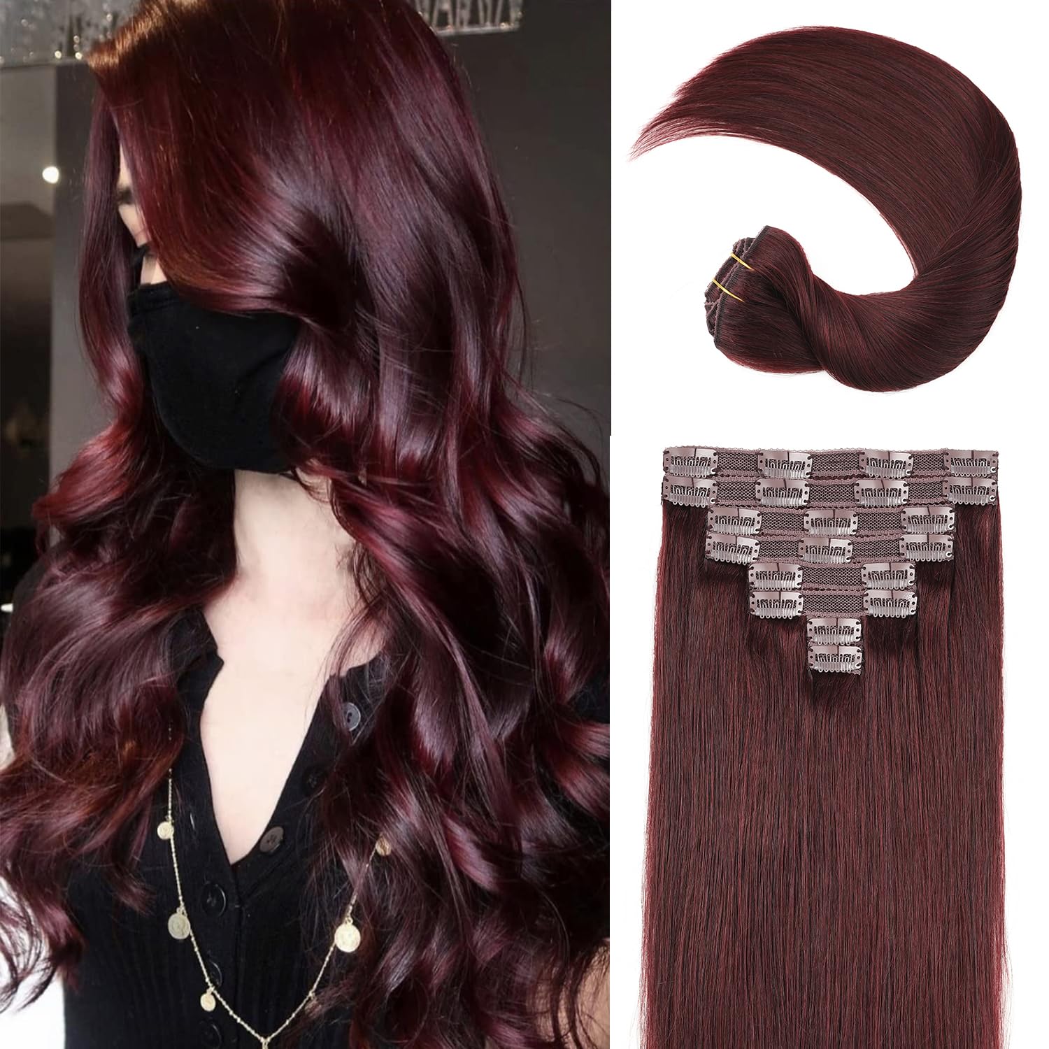120g #99J Wine Red Clip-In Human Hair Extensions - 14 Inch 8pcs with 20 Clips, Straight Burgundy Hair Extensions for Women | Perfect for Parties, Weddings & Daily Styling