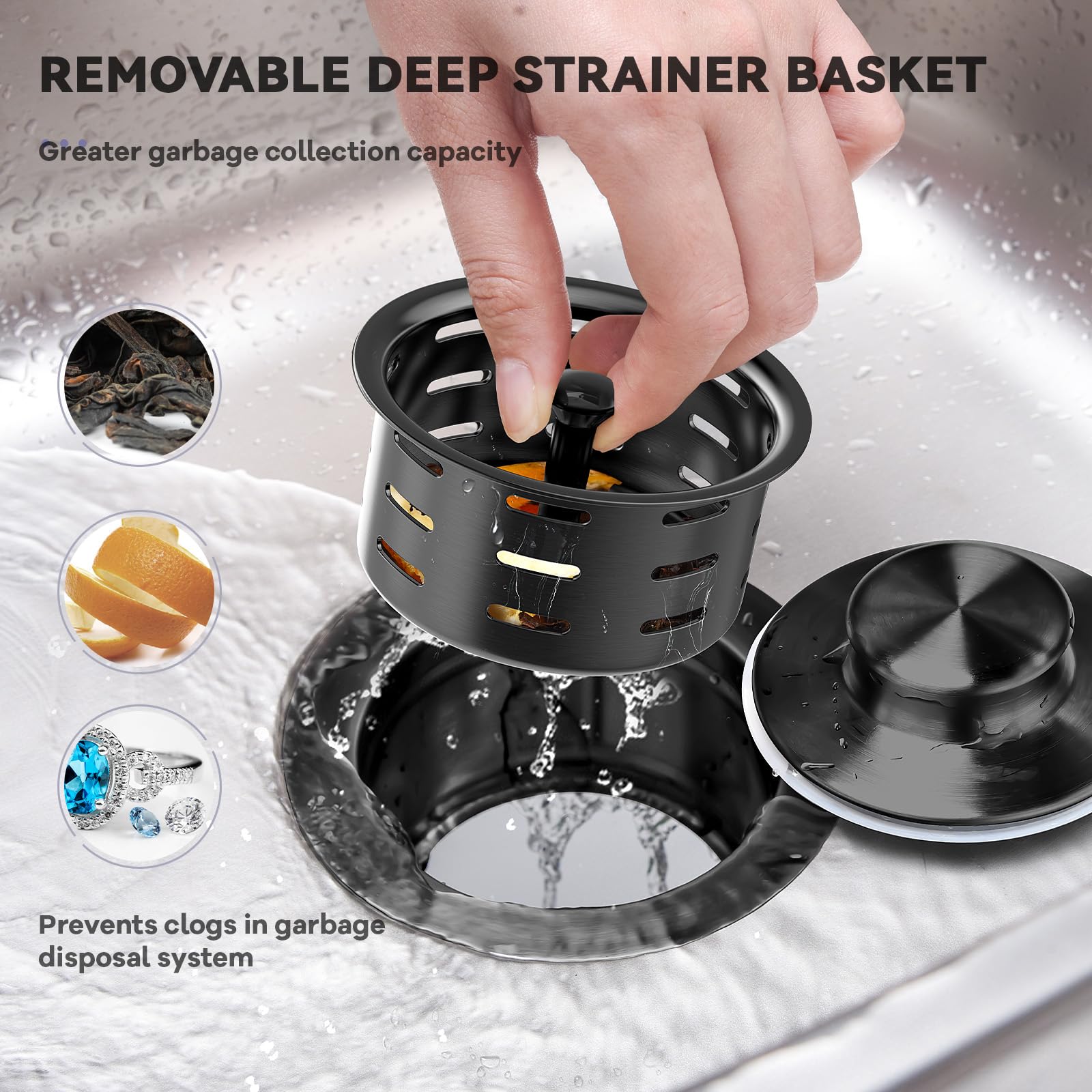 KONE 3-1/2 Inch Deep 304 Stainless Steel Sink Flange with Strainer & Stopper - Heavy Duty Garbage Disposal Extension for Standard Kitchen Sink Drain - Ideal for Water Storage, Drainage & Food Prep - Black