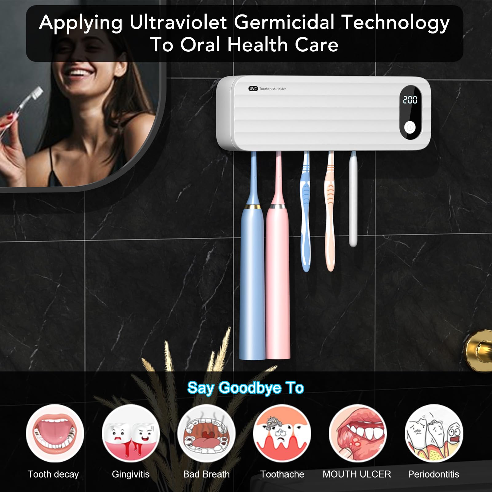 StarWin UV Toothbrush Sanitizer & Holder - 5 Slot Wall Mounted Bathroom Organizer with Timer, Cordless & No Drilling Needed | Perfect for Family Oral Hygiene, Travel & Small Space Storage