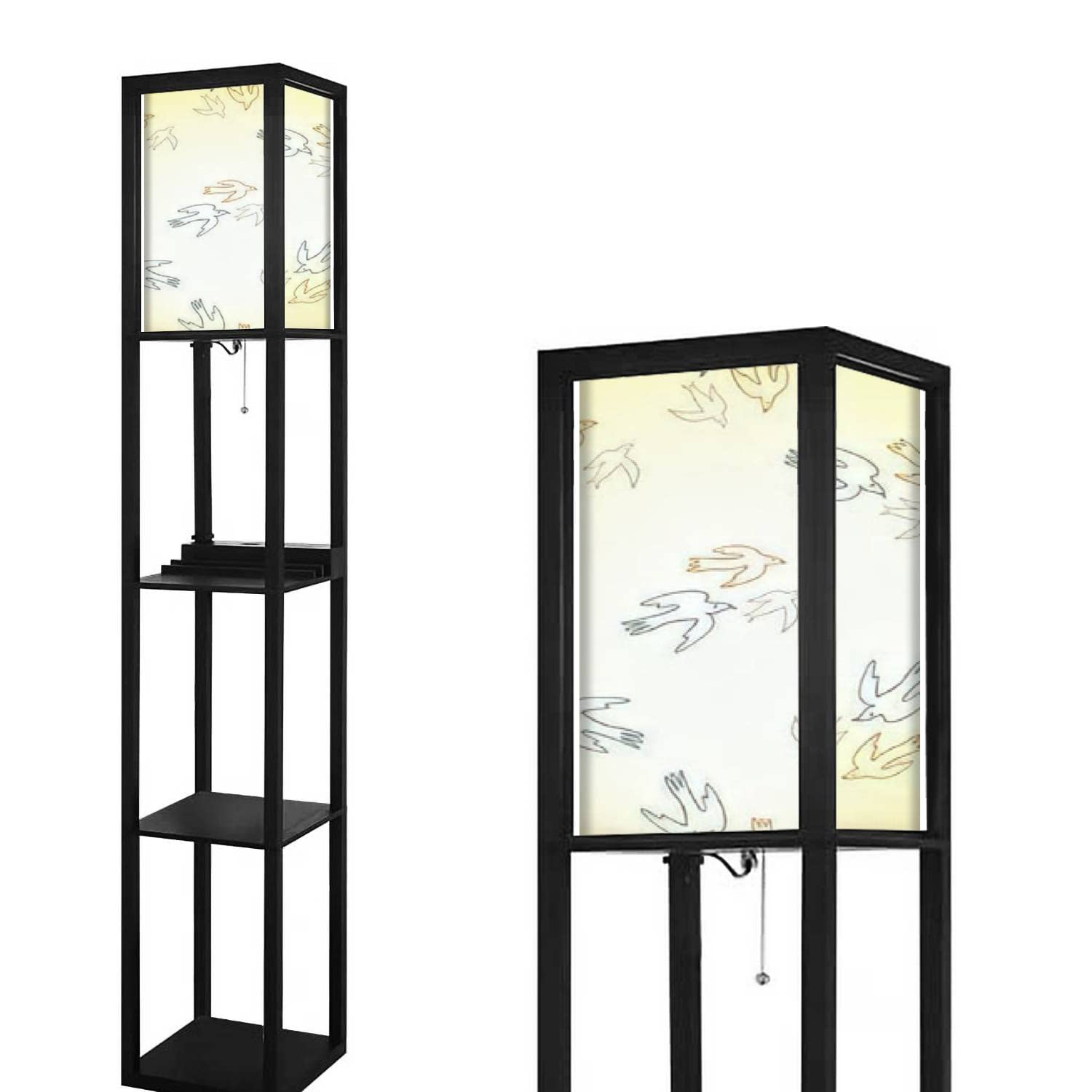 Modern Minimalist Floor Lamp with Shelves, USB Ports & Power Outlet - Gender Neutral Whimsical Design with Linen Fabric Shade - Tall Standing Corner Lamp for Living Room & Bedroom | Perfect for Reading Nooks, Home Office Lighting, and Cozy Nighttime Ambiance