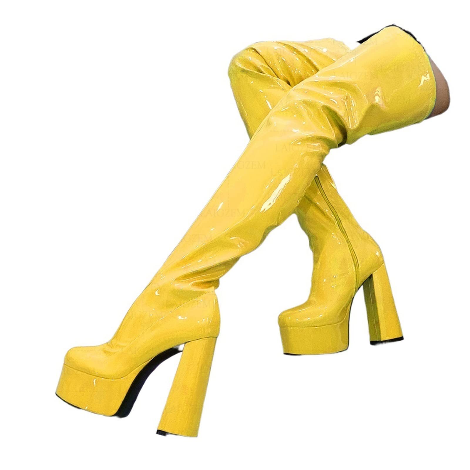 FiveShops Women's Retro Round Toe Thick Heel Over-The-Knee Boots - Platform High Heels, Steel Tube Support, Large Size (Yellow, Size 35) - Perfect for Stage Performances, Night Out & Winter Fashion