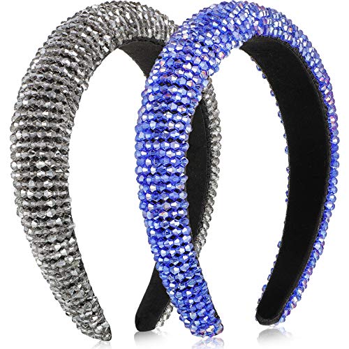 2 Pack Crystal Rhinestone Headbands for Women - Sparkly Embellished Velvet Padded Wide Hairbands for Bachelorette Party, Wedding, Prom & Special Occasions (Dark Blue, Gray) | Elegant Hair Accessories for Bridal Shower, Birthday & Evening Events