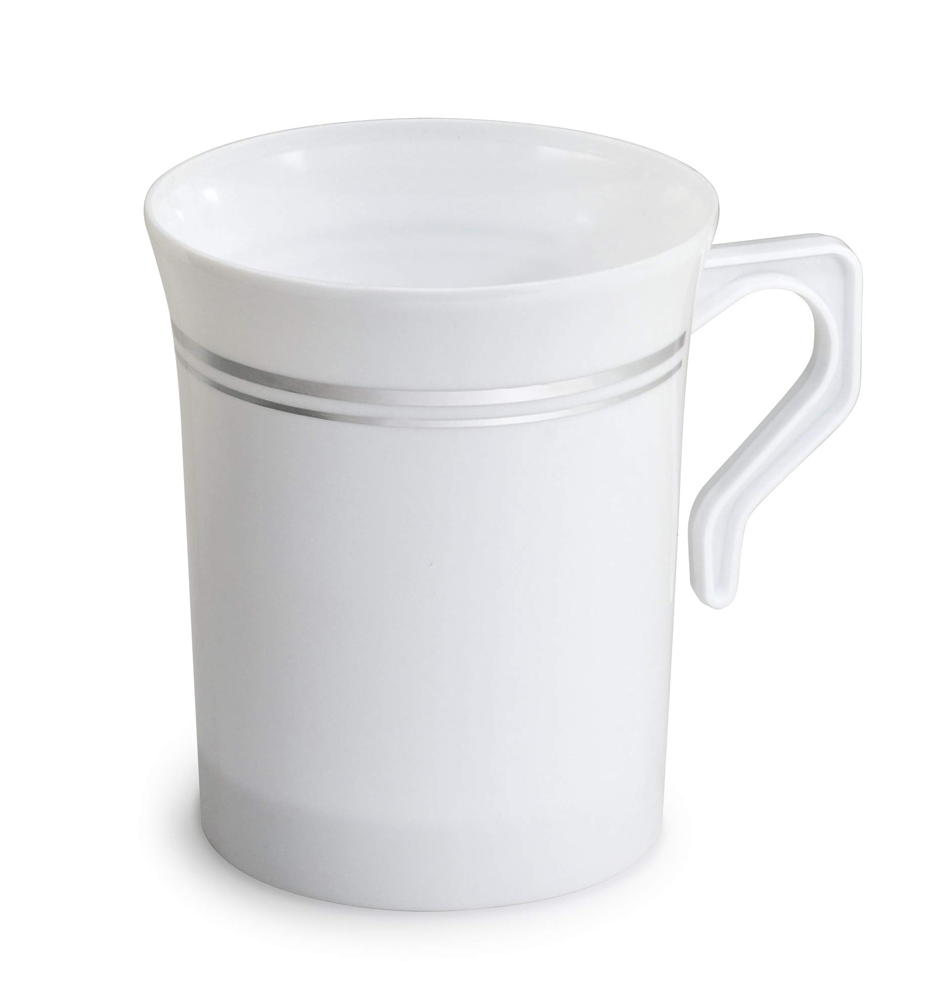 120-Pack Heavyweight Disposable Plastic Coffee Cups with Handles - 8 oz White & Silver Rim Mugs for Wedding, Party, Office, or Cafe - Perfect for Coffee, Tea, Cappuccino, and Espresso Drinks