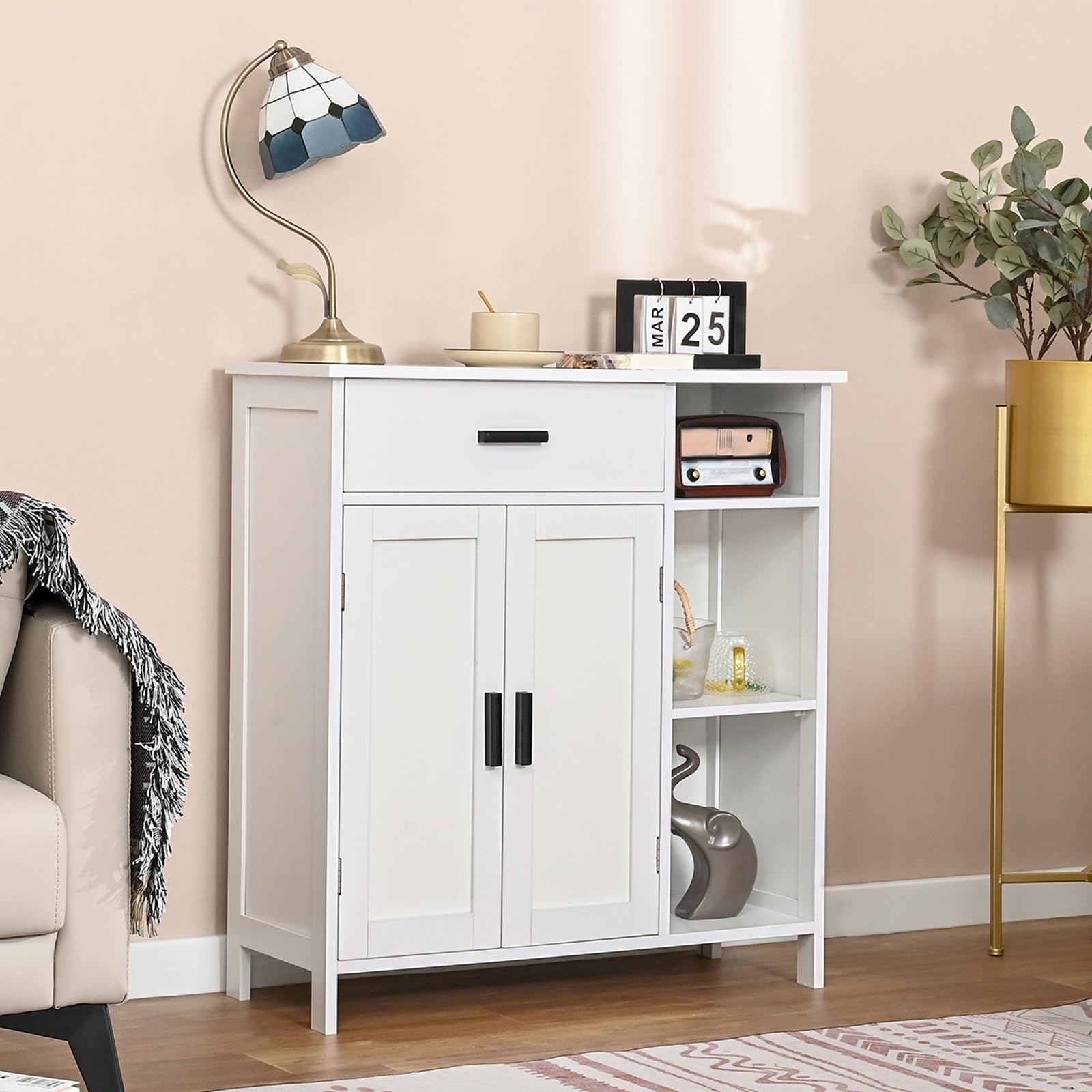 WEENFON Modern Storage Cabinet with Doors, Shelves & Drawer - White Bathroom Organizer, Kitchen Coffee Bar Cabinet, Living Room Floor Cabinet for Home Organization