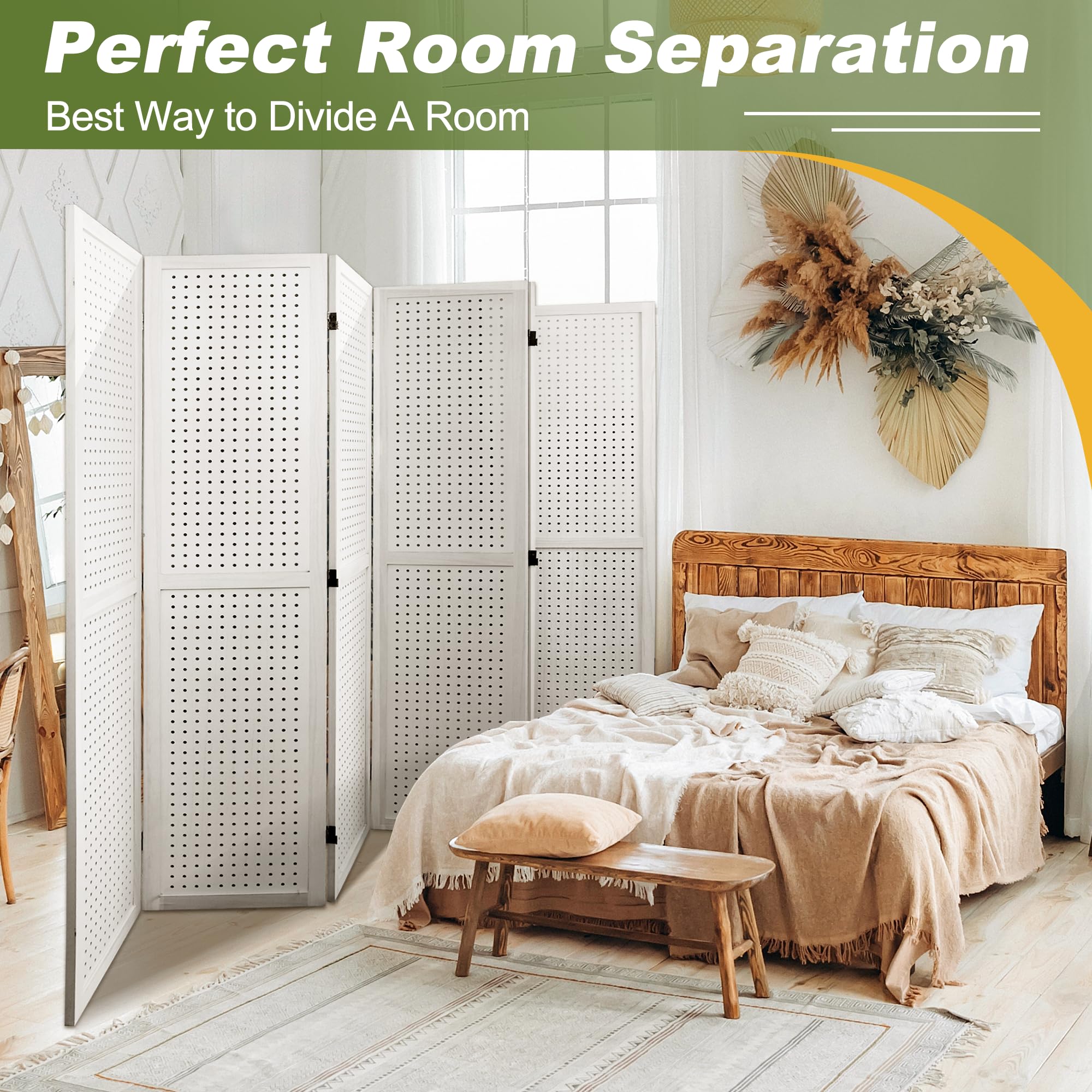 NicBex 6 Panel Wooden Pegboard Room Divider - 5.6FT Folding Privacy Screen & Freestanding Display Board for Craft Shows, Art Exhibitions, Retail Displays & Home Office Separation (White) | Portable Room Partition for Trade Shows, Studios & Event Spaces