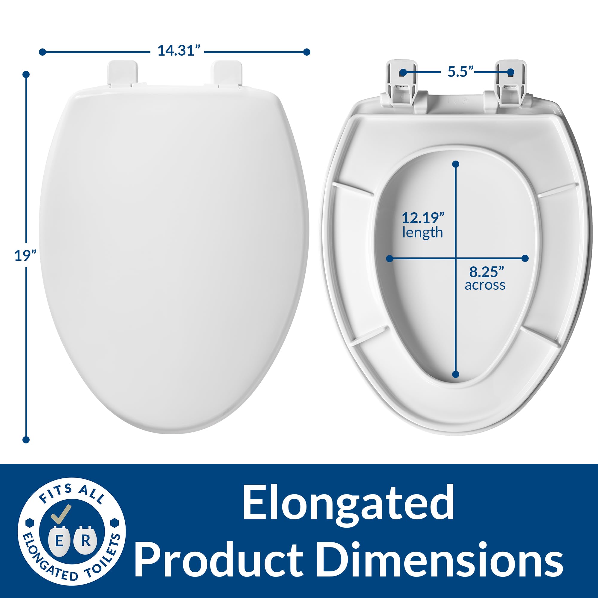 Mayfair Caswell Modern Elongated Toilet Seat with Soft Close - Easy to Clean White Plastic Bathroom Toilet Seat - Perfect for Home, Office, and Commercial Use