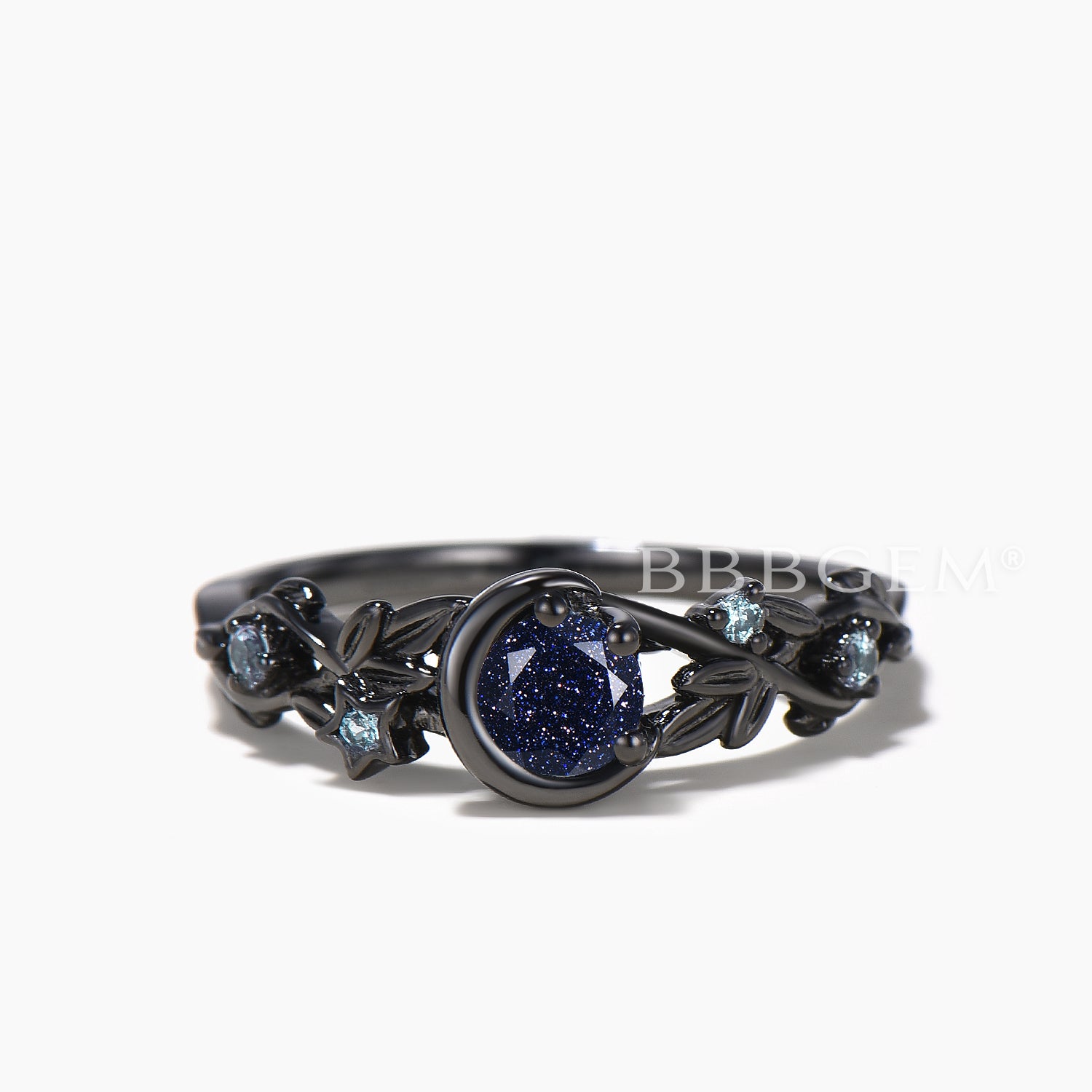Blue Sandstone & Alexandrite Moon Engagement Ring Set with Leaf Design – Perfect for Bridal, Wedding, and Anniversary Jewelry Gifts