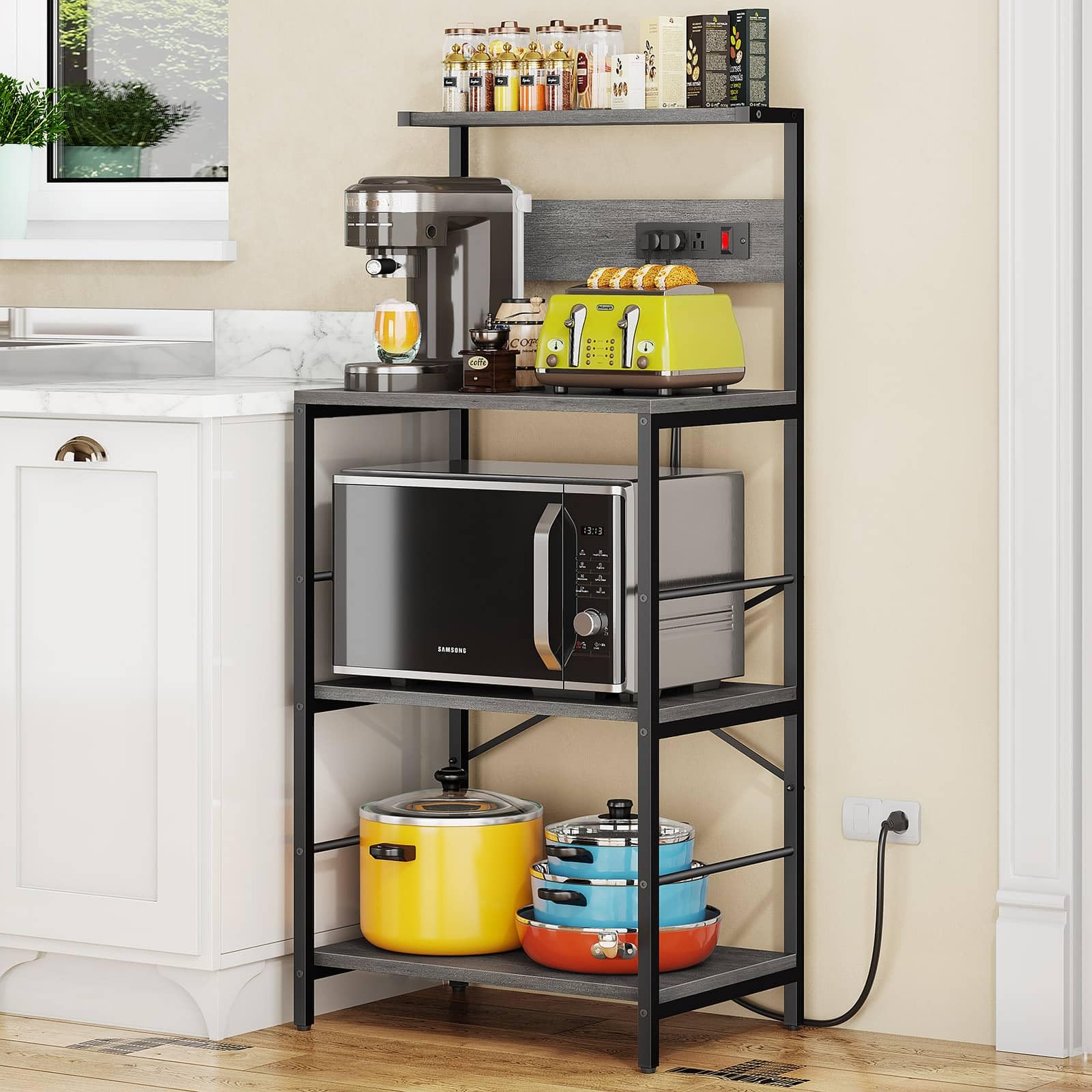 3-Tier Bakers Rack with Electrical Outlets - Freestanding Kitchen Storage Shelf for Microwave, Coffee Maker & Appliances - 23.6
