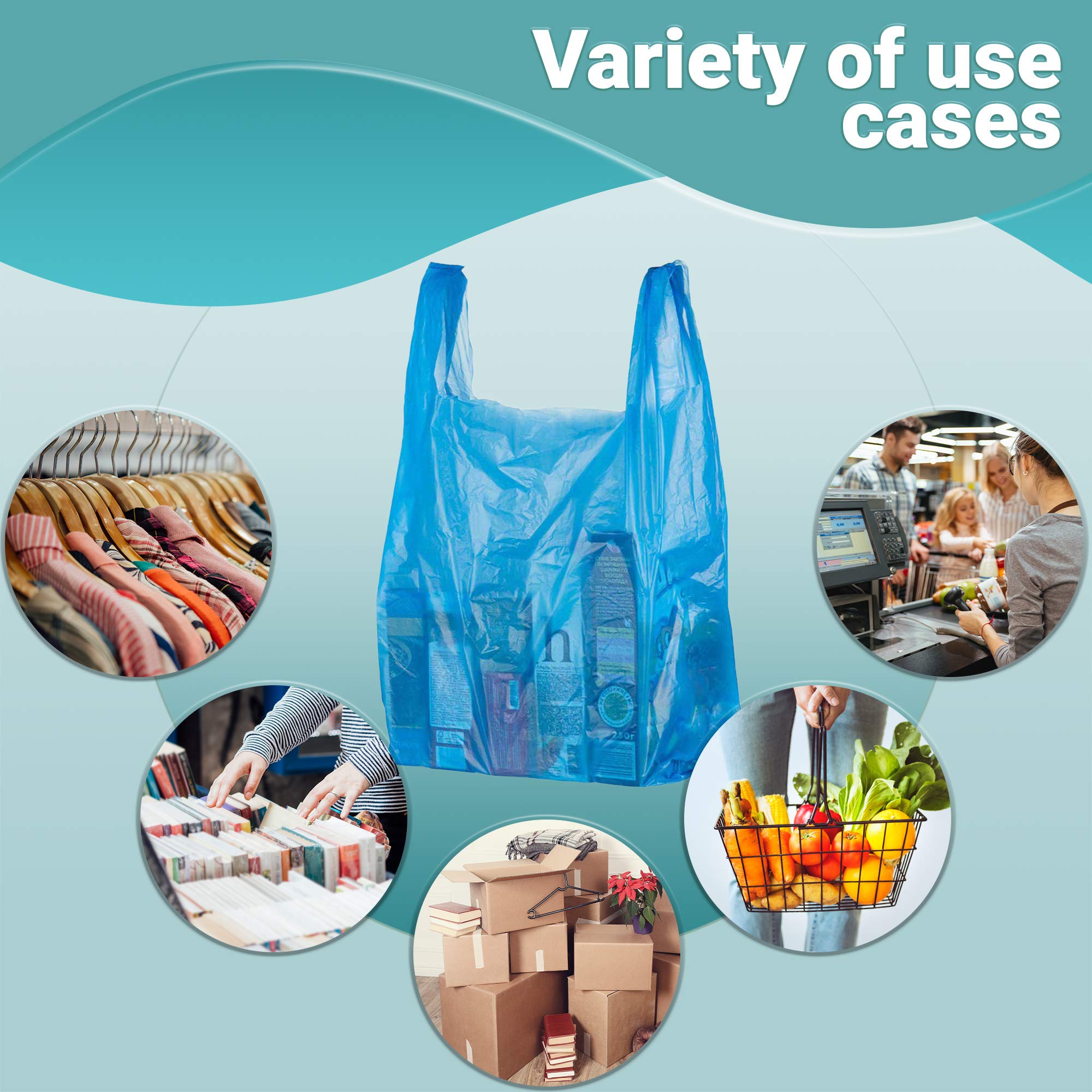 400 Pack Blue T-Shirt Bags 18x8x32 Inches - Heavy Duty HDPE Plastic Shopping Bags with Handles, Unprinted, Reusable & Recyclable - Perfect for Retail Stores, Grocery Shops, Restaurants & Farmers Markets