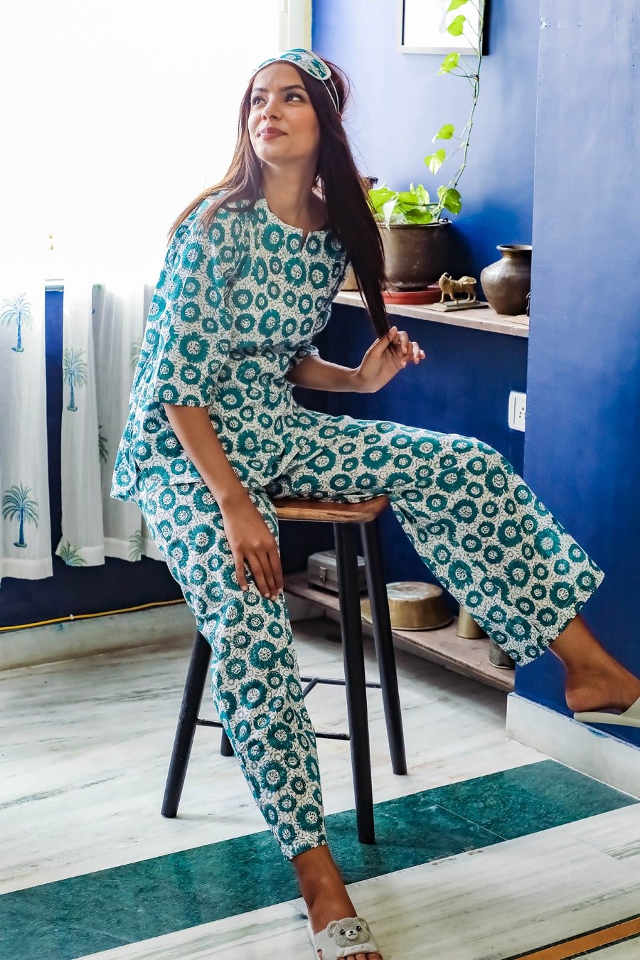 Azofree Handblock Printed Pure Cotton Night Suit - 'Summer Glory' by Sootisyahi | Soft & Breathable Sleepwear for Women | Perfect for Summer Nights & Lounge Wear