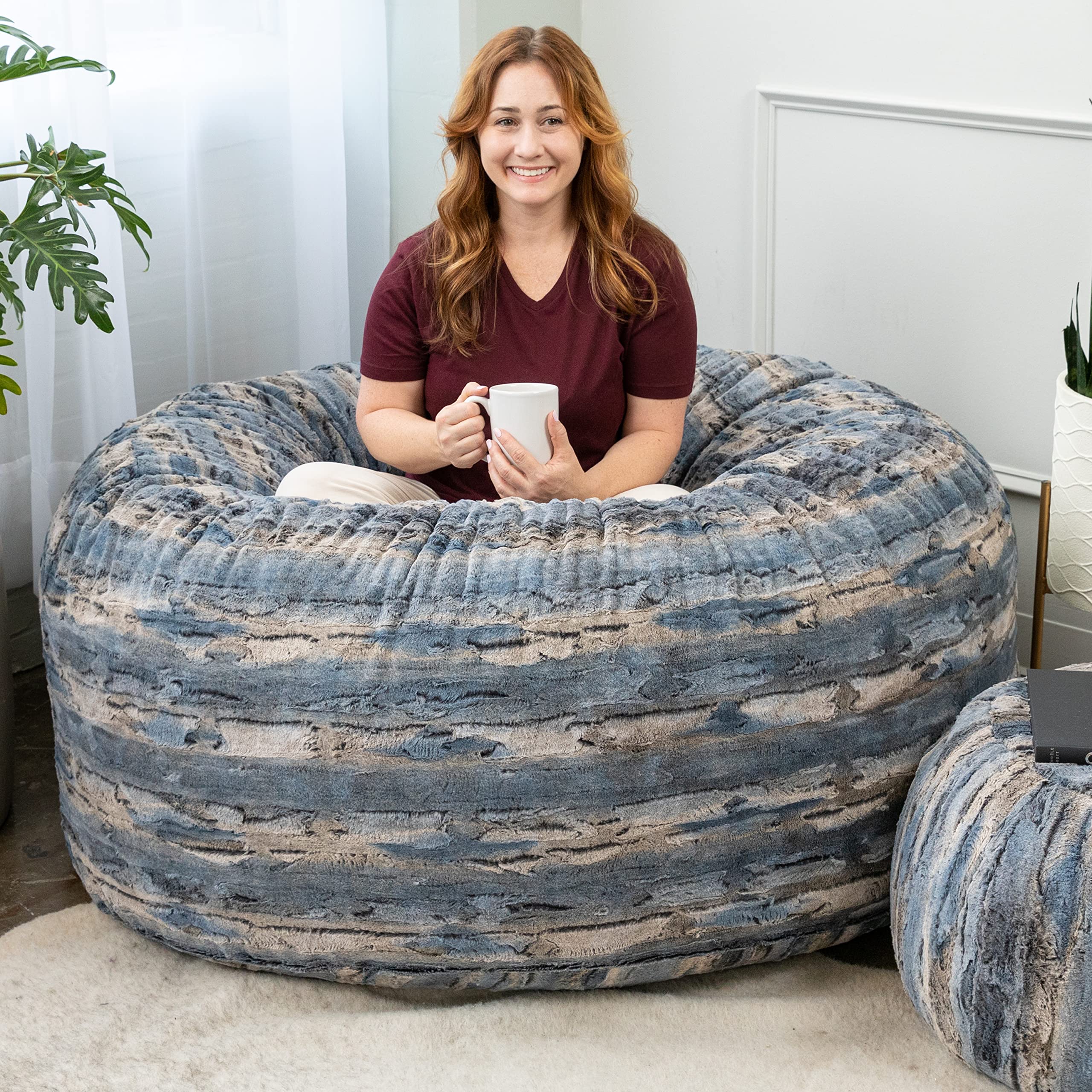 Jaxx 5 Foot Super Soft Faux Fur Bean Bag Chair for Adults - Oversized Lounge Chair, Indigo Fox Color - Perfect for Living Room, Bedroom, Game Room & Dorm Relaxation