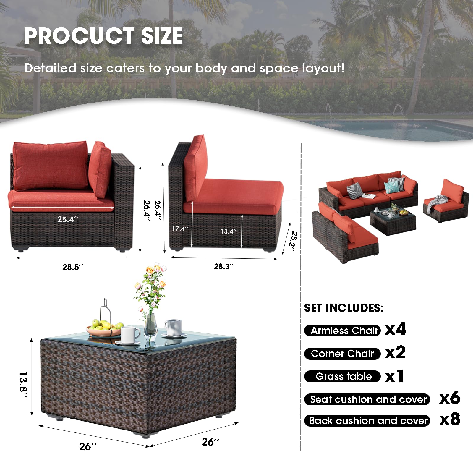 Grezone 7-Piece Outdoor Sectional Sofa Set with High Backrest - All-Weather PE Rattan Patio Furniture with Coffee Table, Cushions & Black Glass Table (Red) - Perfect for Backyard, Garden, Poolside & Outdoor Entertaining