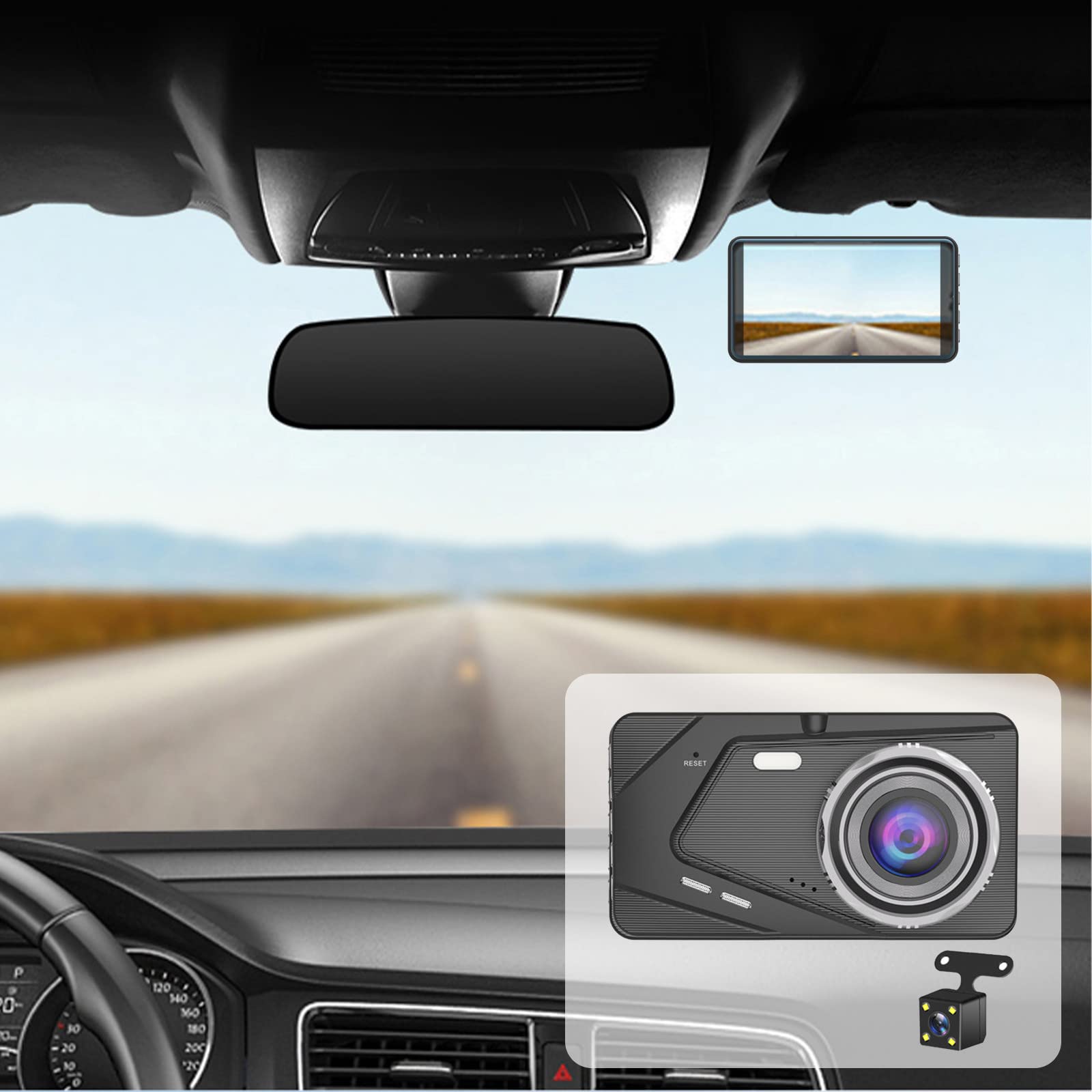 Wireless Front and Rear Dash Cam with Night Vision, 4 Inch IPS Screen, 1080p FHD DVR Car Camera - Parking Monitor & Loop Recording for Safe Driving in All Conditions
