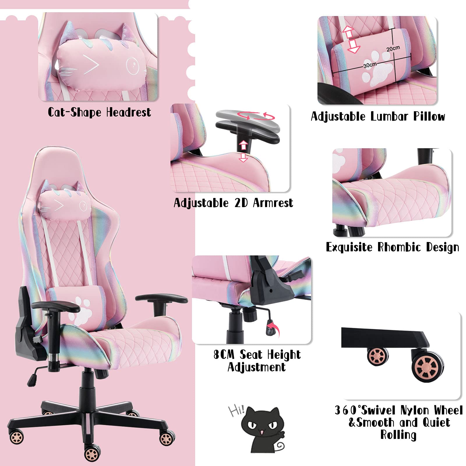 Ergonomic Pink Gaming Chair with Cute Cat Headrest & Lumbar Support - Comfortable Computer Desk Chair for Adults & Kids (Rainbow, Black Base) - Perfect for Home Office, Gaming Setup & Study Room