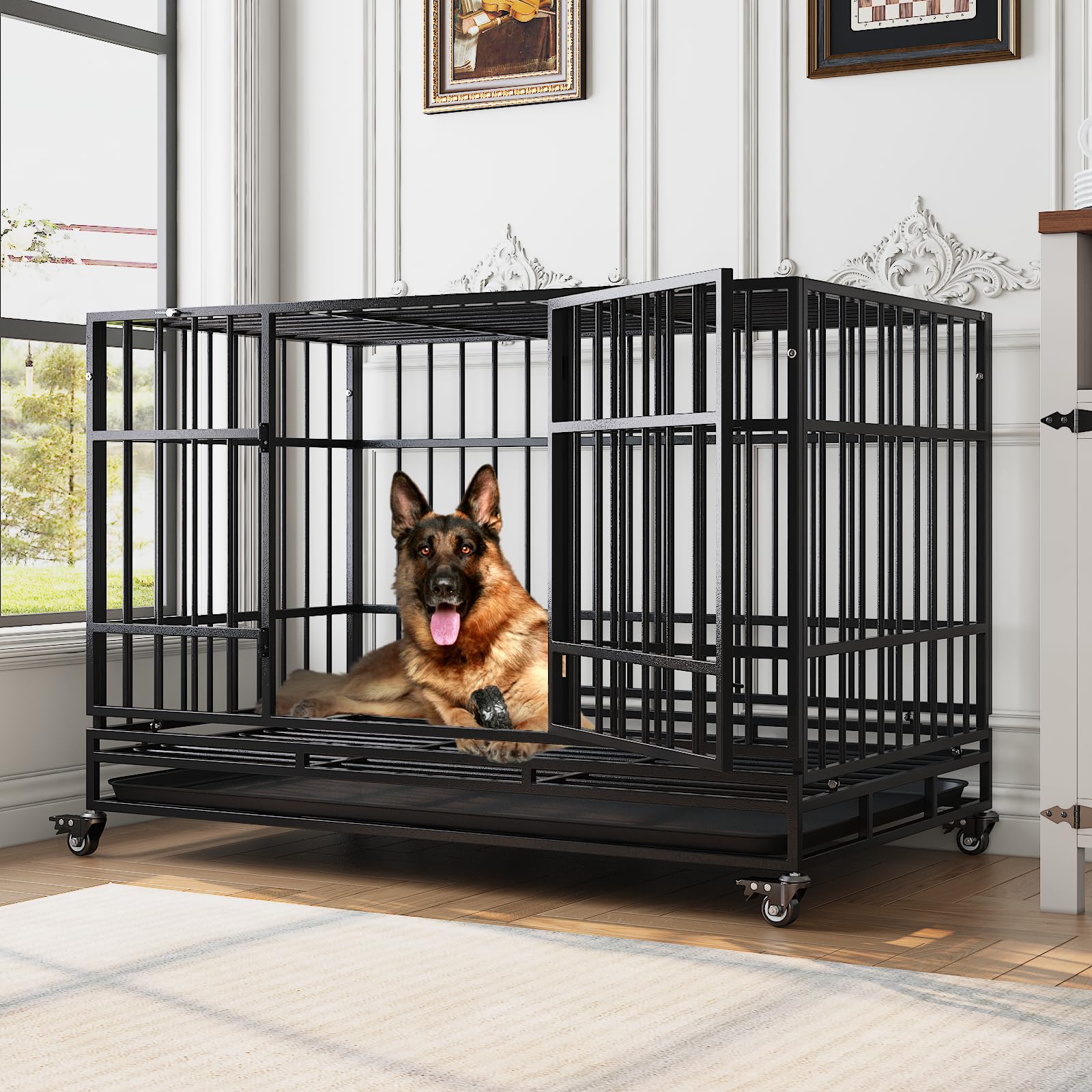48 Inch Heavy Duty Dog Crate for Large Dogs - Escape Proof Steel Dog Cage with Self-Locking Latch & 4 Lockable Wheels - Indoor Dog Kennel for High Anxiety Pets - Easy to Clean Black Pet Crate - Perfect for Home, Travel, and Vet Visits