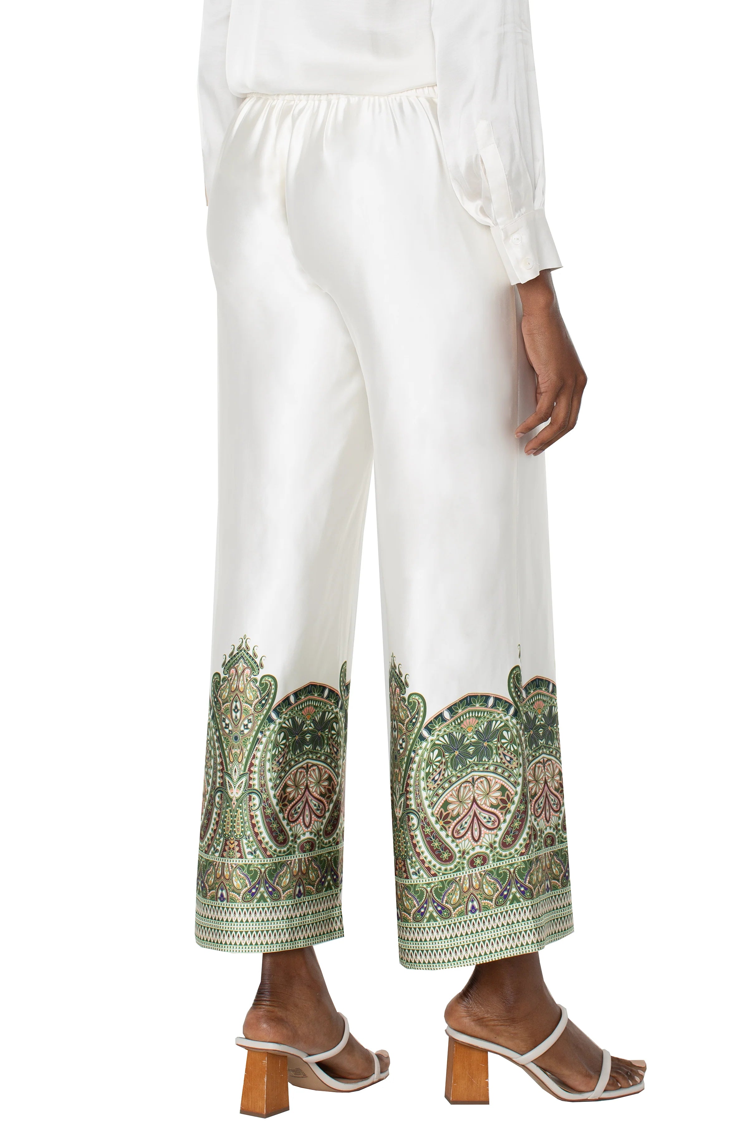 Stylish Cream Olive Paisley Print Pull-On Wide Leg Pants - Perfect for Casual Wear, Office Outfits & Boho Chic Fashion