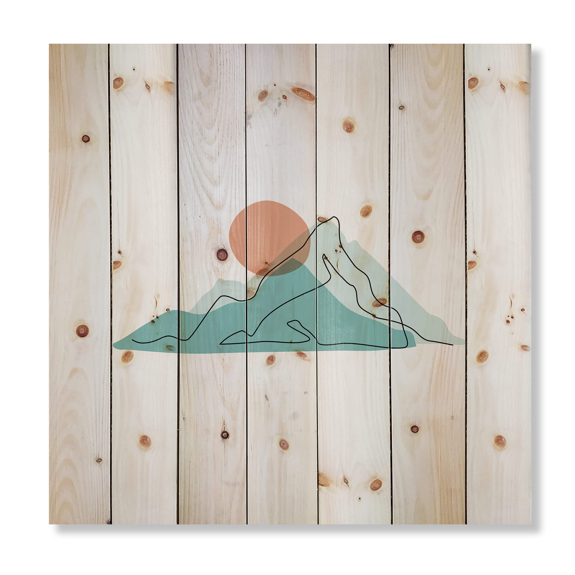 DesignQ Red Moon Over Abstract Blue Mountains II - Modern Wood Wall Art Decor, Large Landscape Pine Wood Panel Print - Perfect for Living Room, Bedroom & Office Decor
