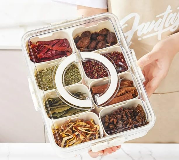8-Compartment Divided Food Storage Container with Lid & Handle | Clear Portable Snack Box for Lunch, Picnics & Parties | BPA-Free Plastic Snackle Box for Kids & Adults