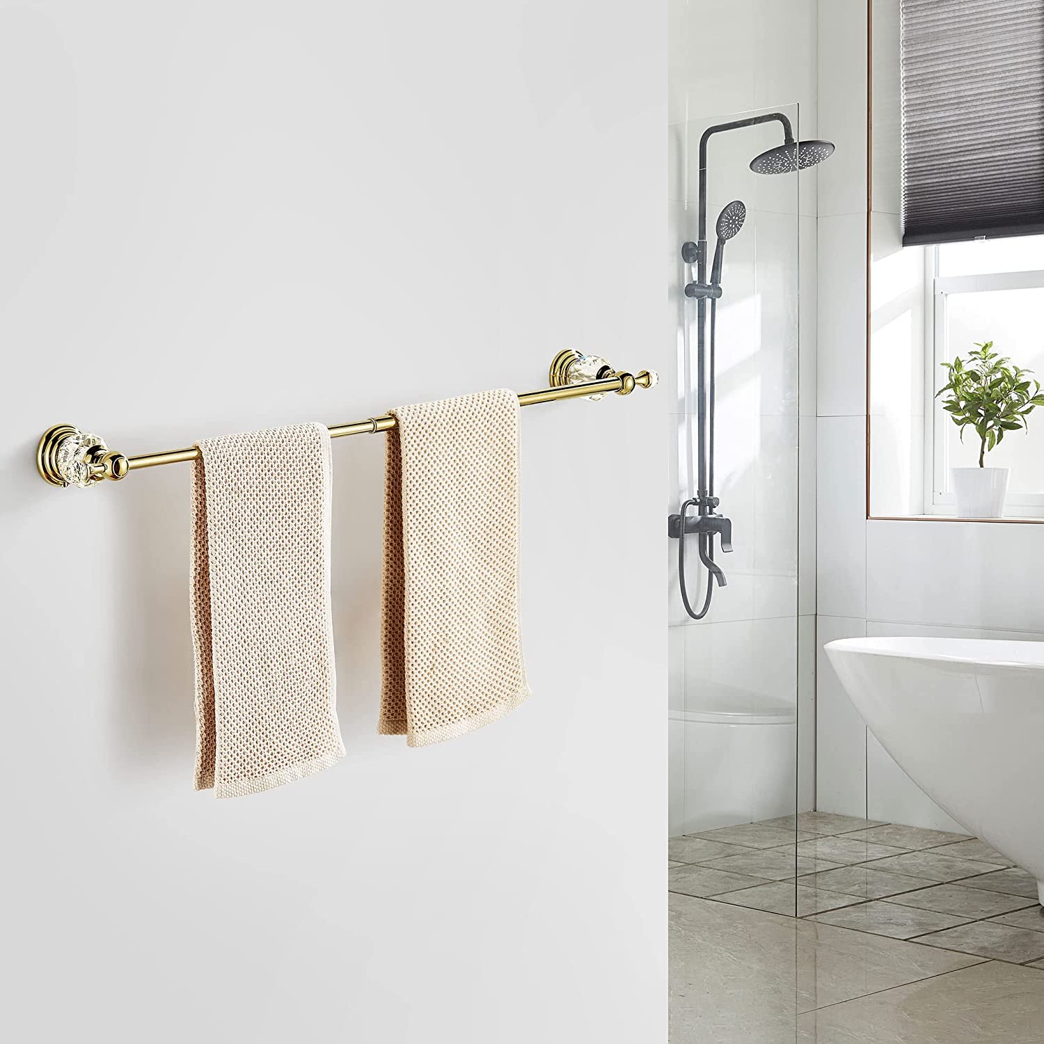 WINCASE Gold Towel Bar - Adjustable Crystal Bathroom Towel Holder with Golden Finish - Wall Mounted Single Towel Rack for Bathroom, Kitchen & Spa Decor