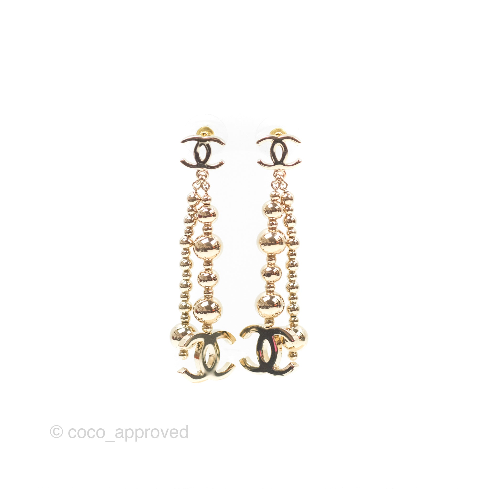 Chanel CC Bead Long Drop Earrings - Gold Tone 21S Collection | Luxury Fashion Jewelry for Women | Perfect for Parties, Weddings & Special Occasions
